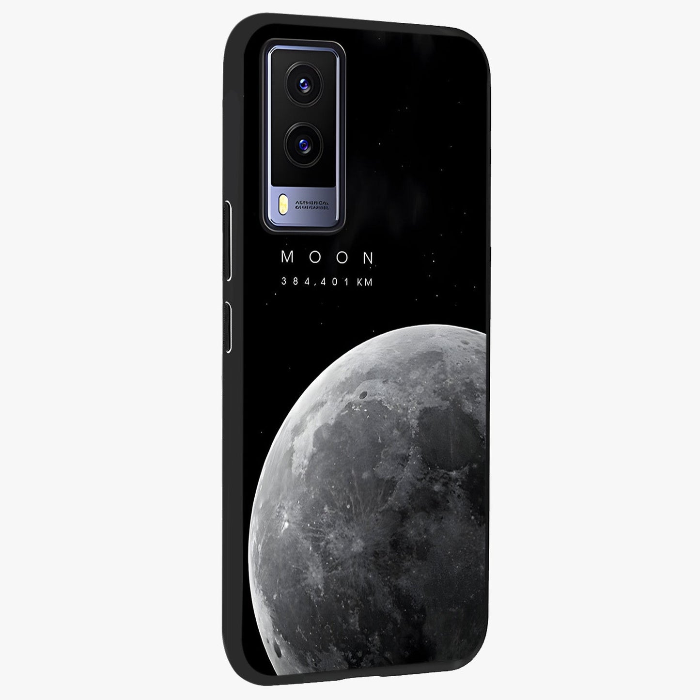 Cosmic Moon Glow Glass Case upright view showcasing luminous moon illustration with dreamy cosmic style.