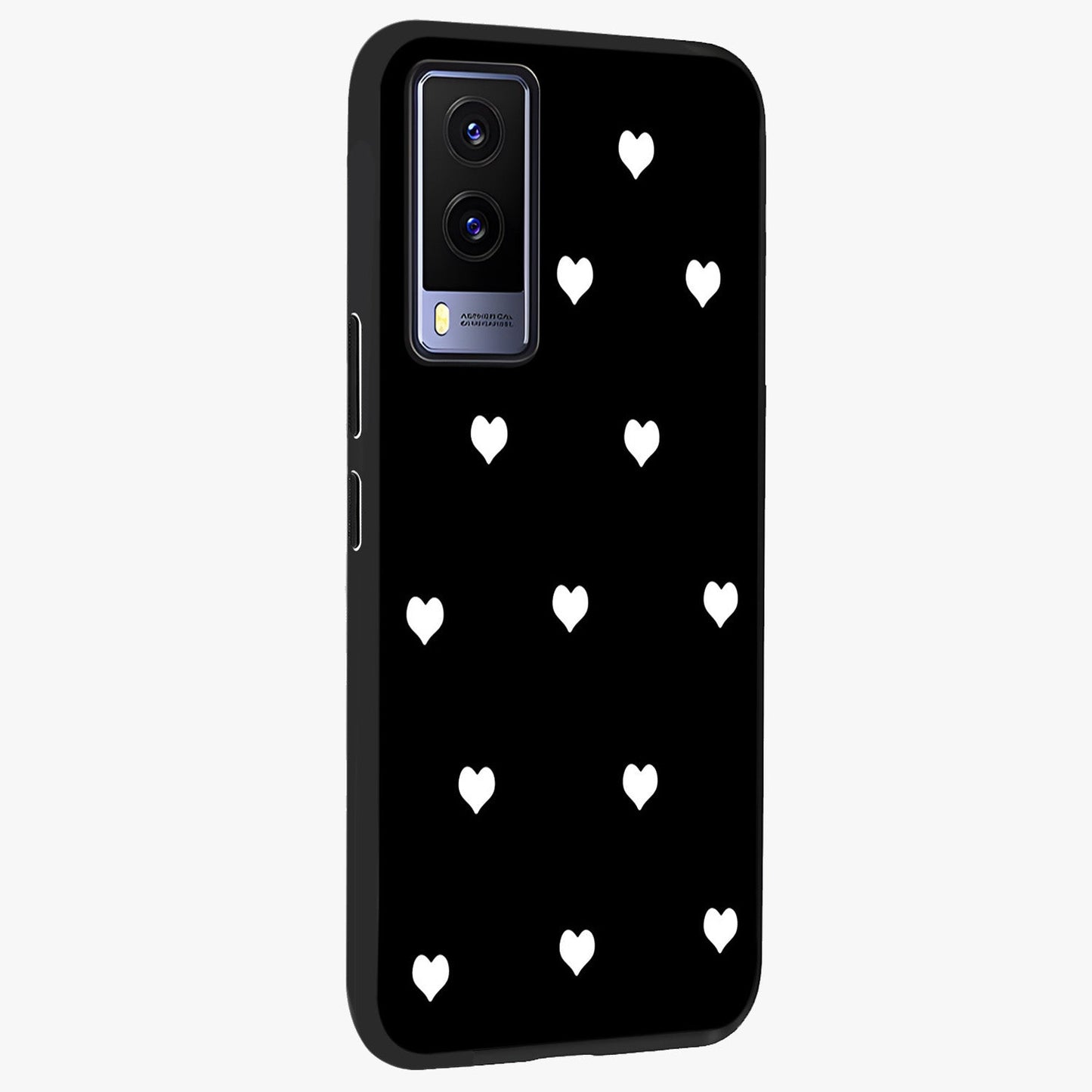 Cute And Simple White Hearts Glass Case upright view showcasing simple white hearts artwork with soft minimal theme.