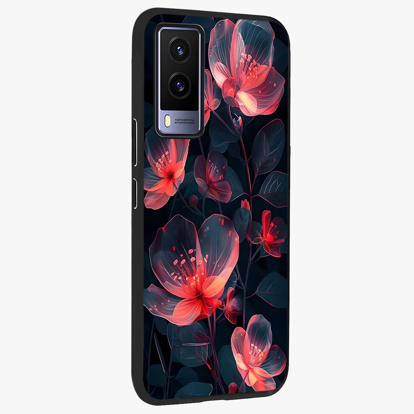 Dark Shade of Flower Glass Case upright view showcasing delicate flower artwork with rich dark floral theme.