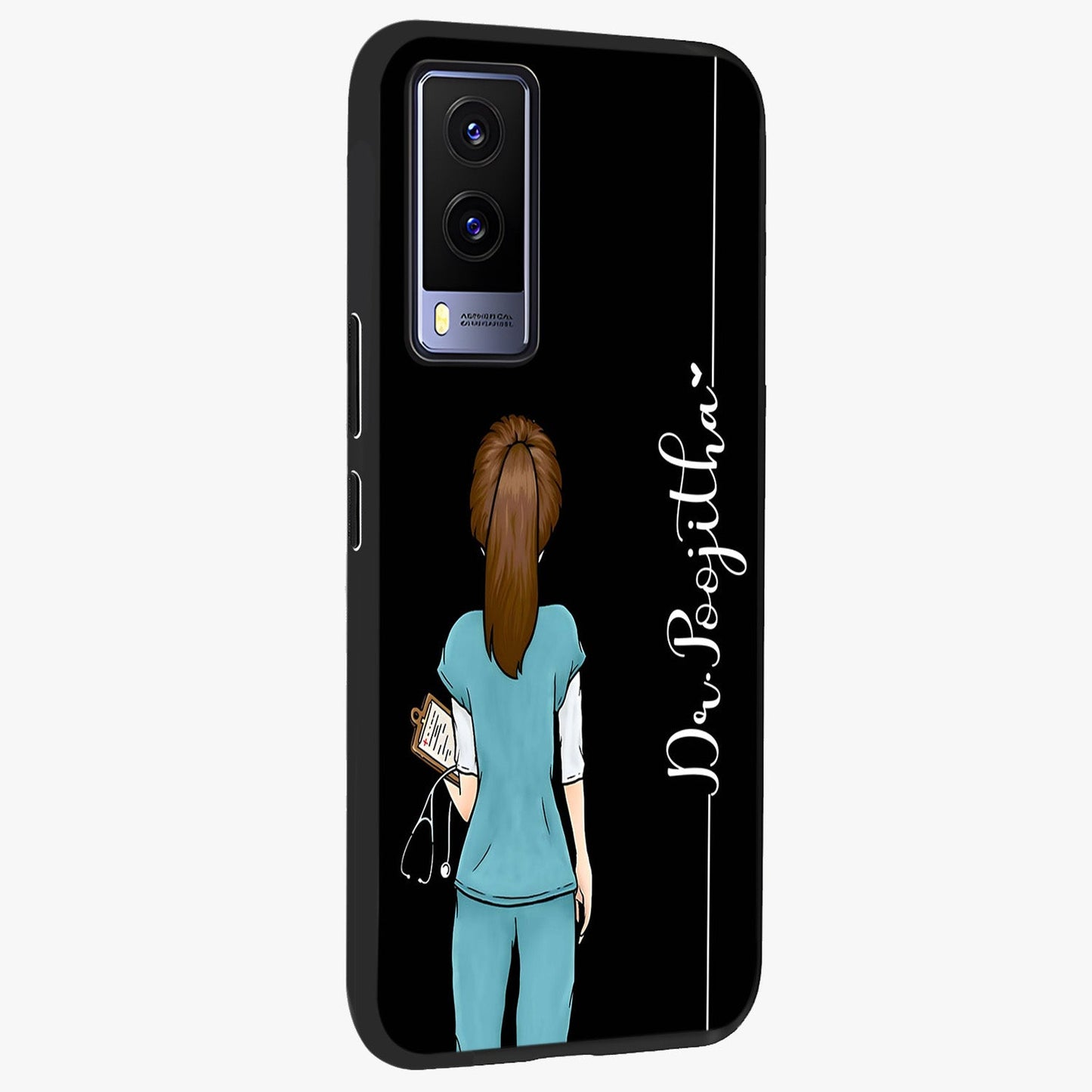 Doctor Pattern Custom Name Glass Case upright view showcasing healthcare themed design with personalized aesthetic.