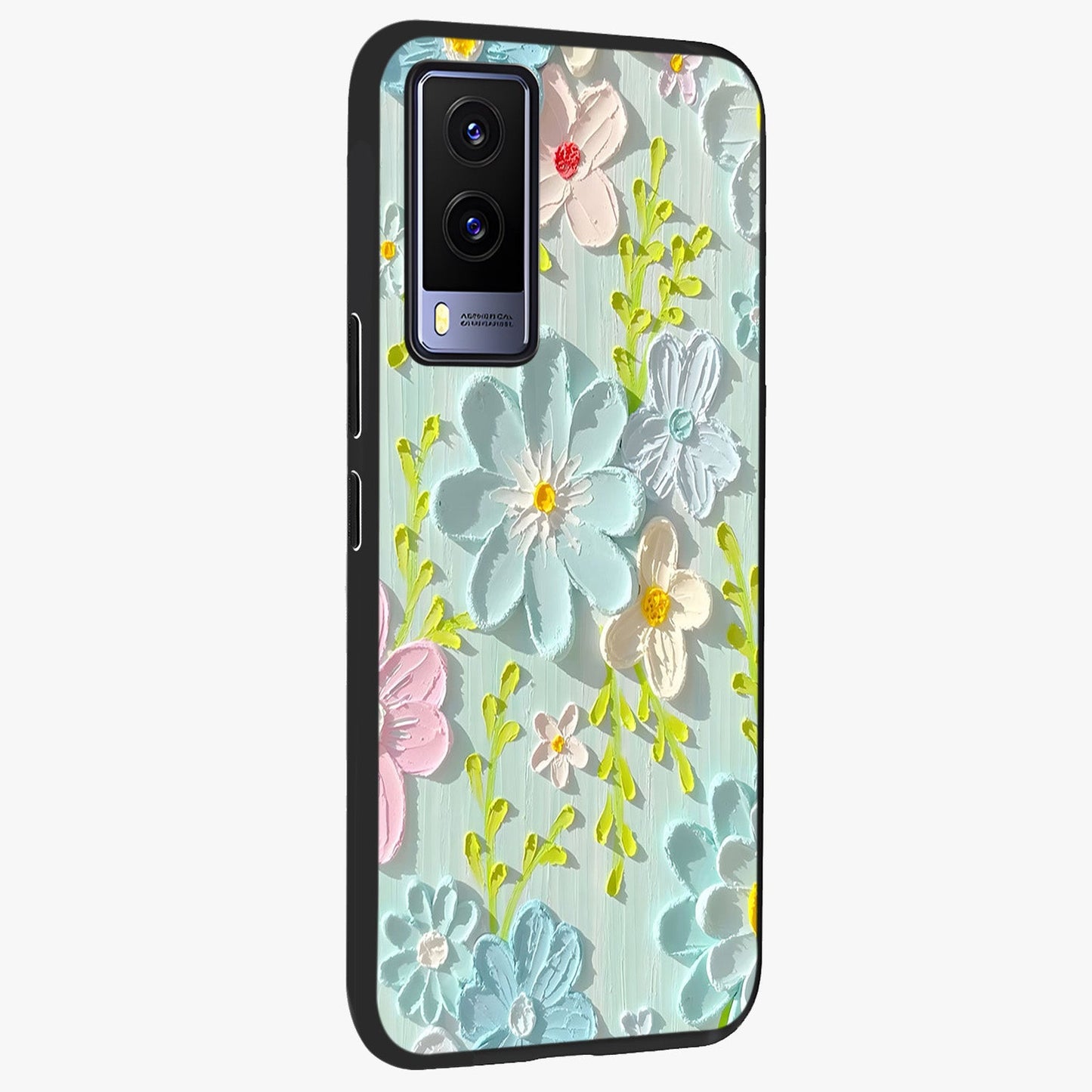 Frosted Petal Garden Glass Case upright view showcasing elegant floral garden artwork with soothing pastel theme.