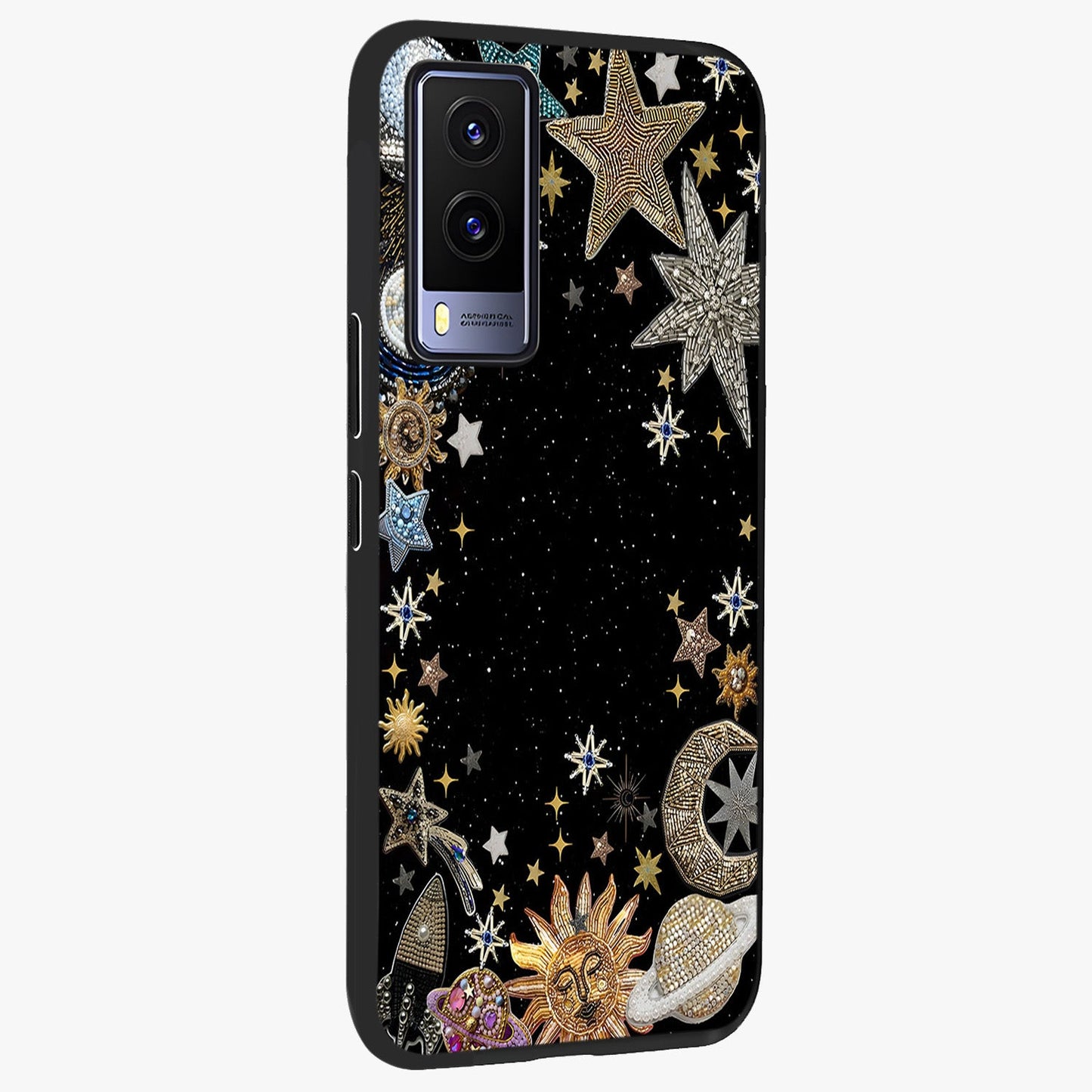 Galactic Jewel Stars Glass Case upright view showcasing glittering star jewel artwork with vibrant galaxy theme.