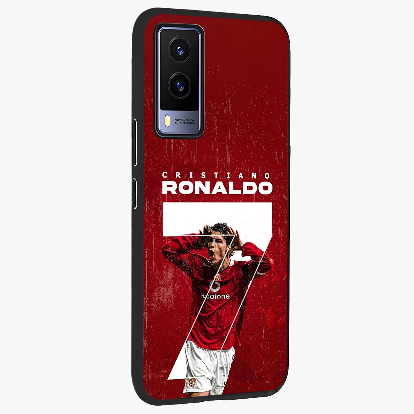 Goal Celebration Legacy Glass Case upright view showcasing dynamic football inspired artwork with victory celebration aesthetic.