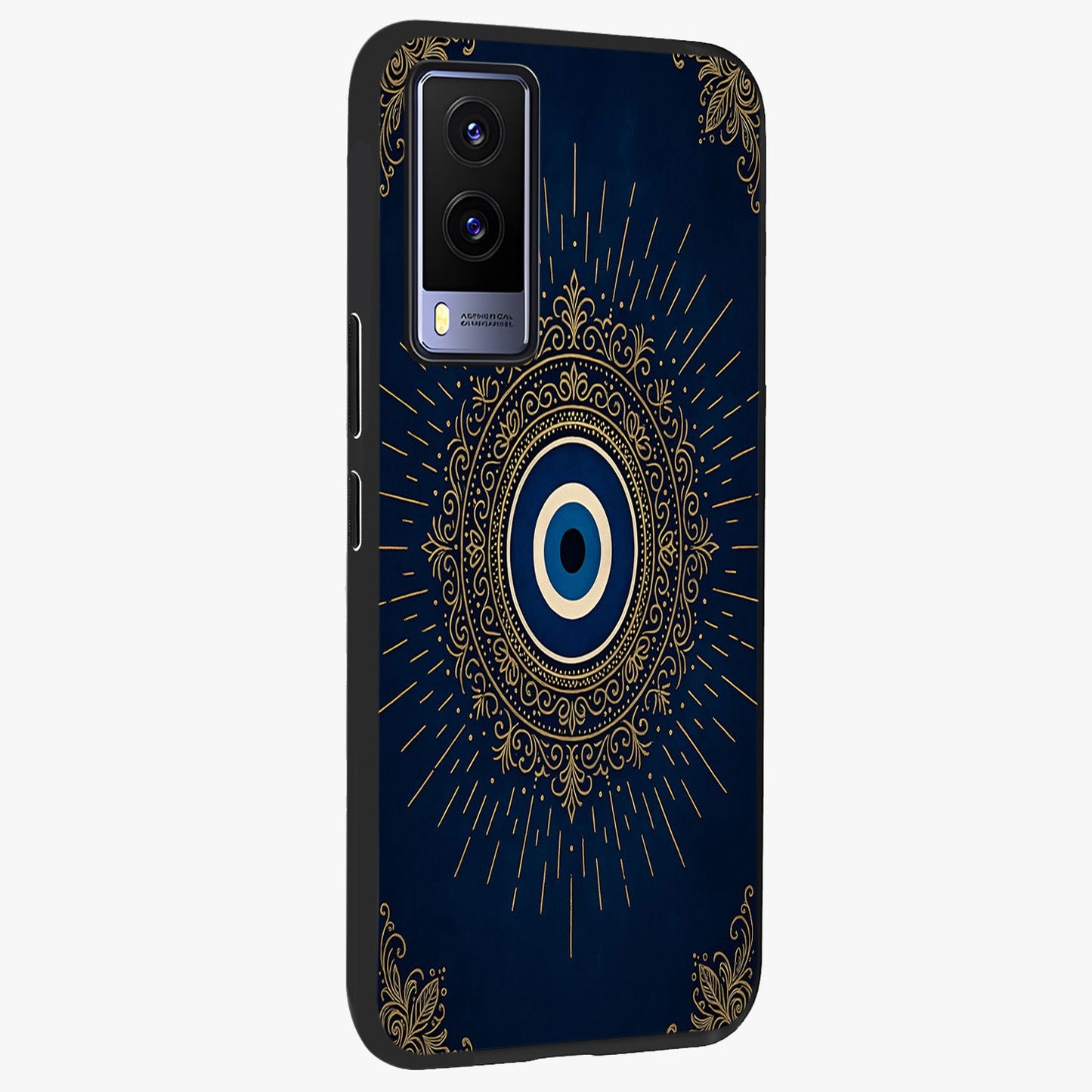 Golden Celestial Charm Glass Case upright view showcasing radiant celestial artwork with elegant golden theme.