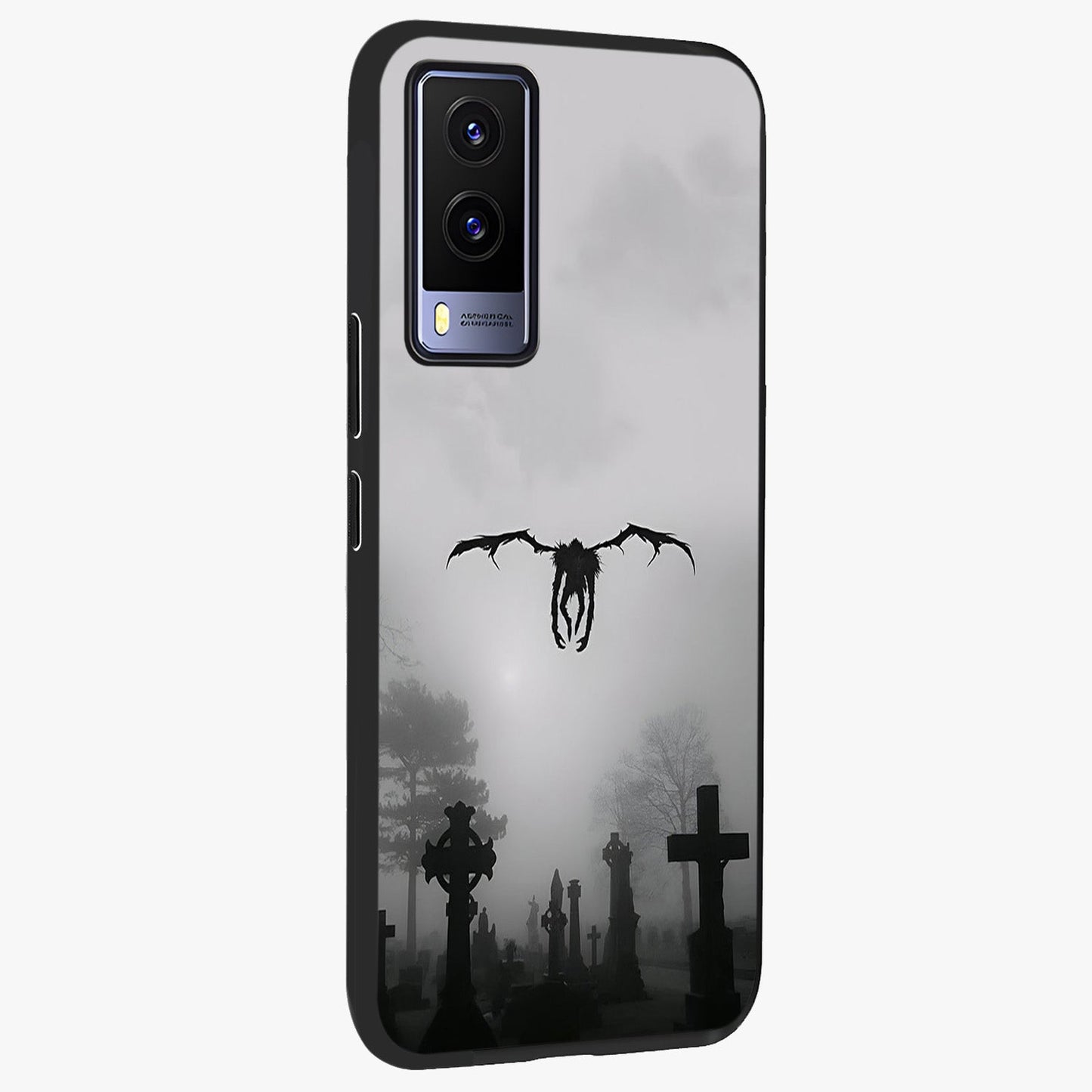 Graveyard Shadow Descent Glass Case upright view showcasing haunting graveyard artwork with dramatic dark theme.