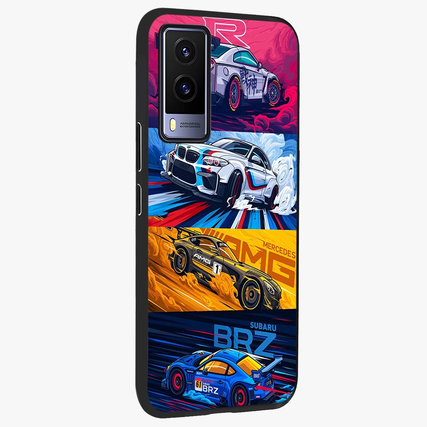 JDM Sports Car Glass Case upright view showcasing dynamic sports car artwork with bold racing theme.