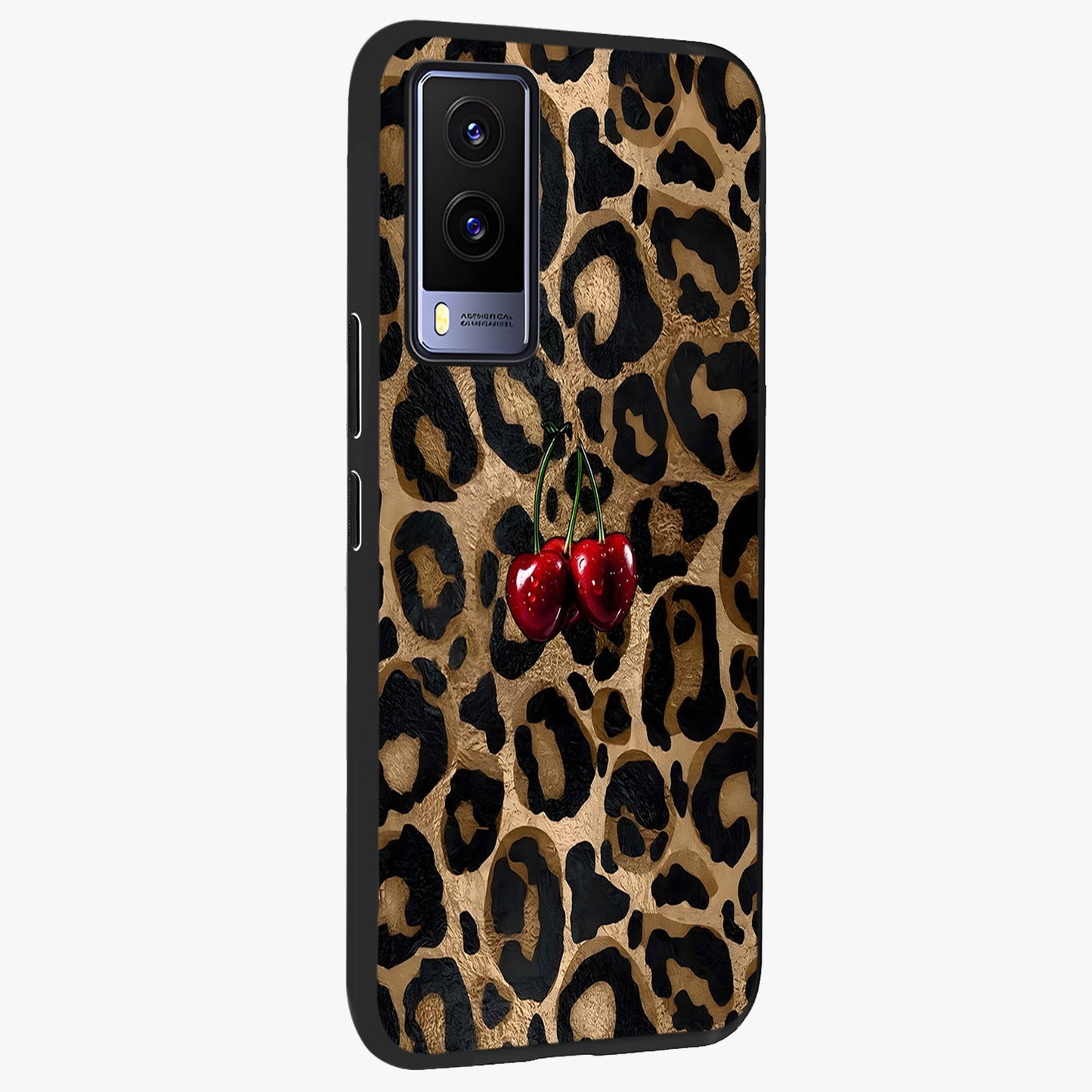 Leopard Wild Cherry Glass Case upright view showcasing stylish leopard pattern artwork with trendy fashion theme.