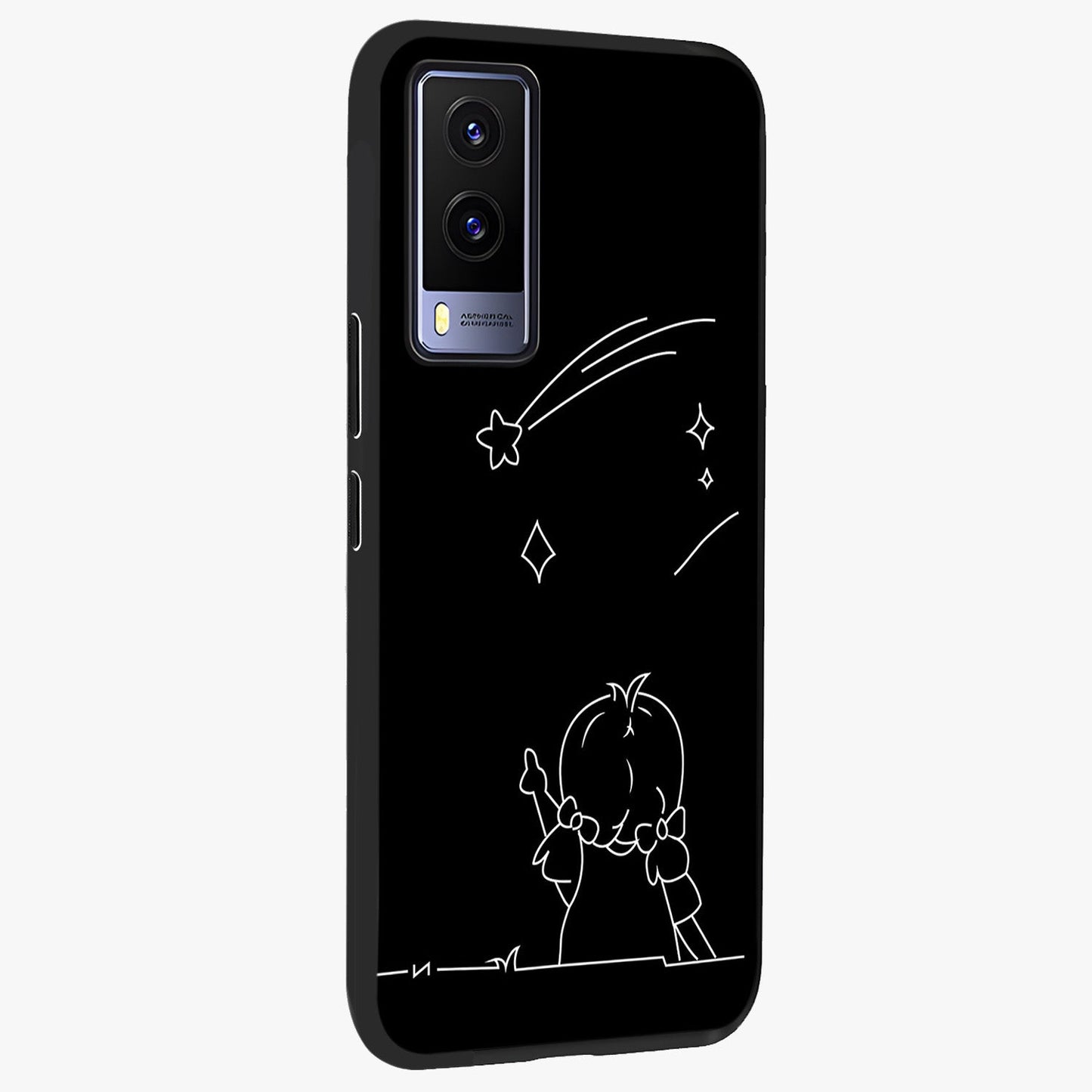 Line Art Girl With Shooting Stars Glass Case upright view showcasing delicate shooting stars artwork with minimal artistic theme.