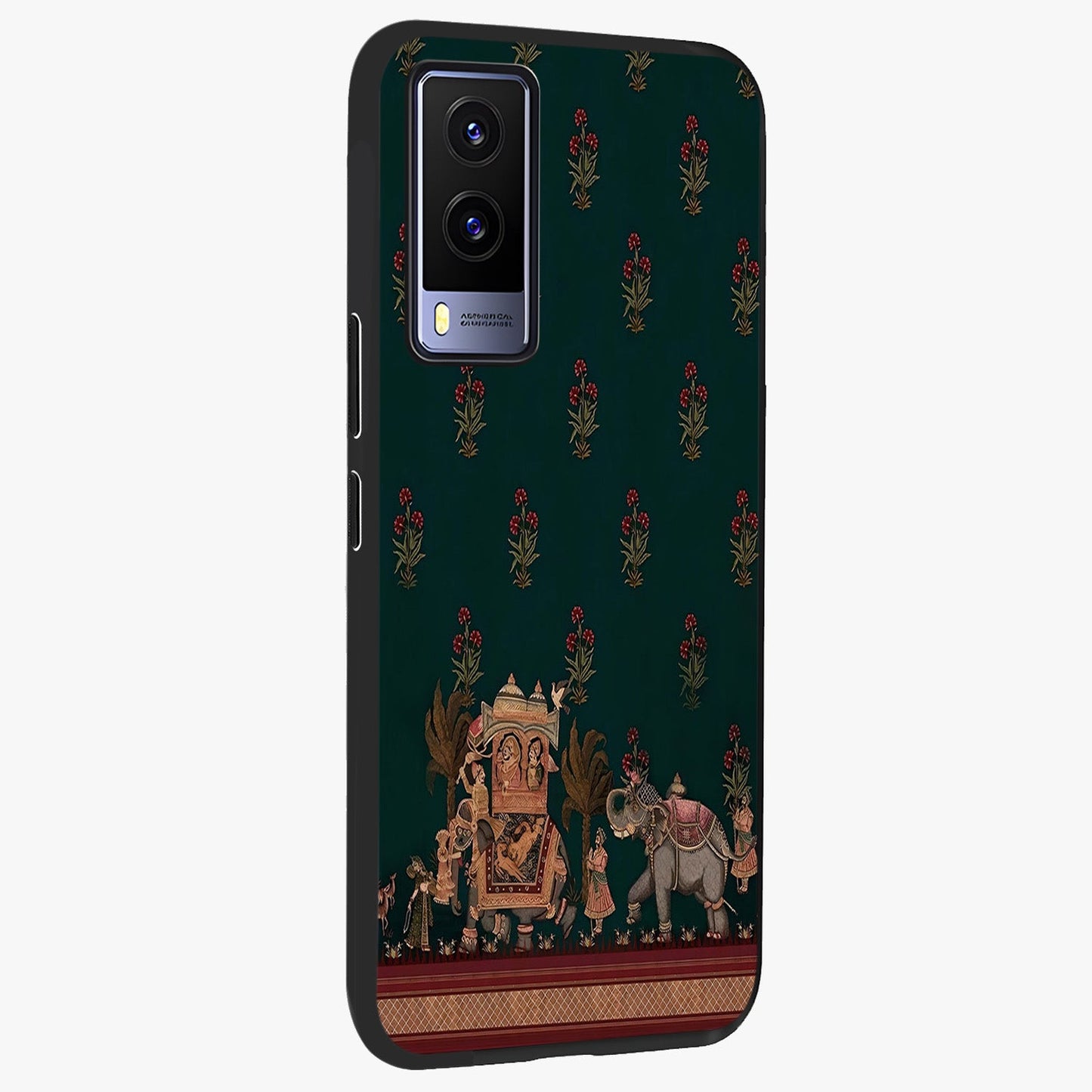 Macmerise Glass Case upright view showcasing bold artistic artwork with contemporary design theme.