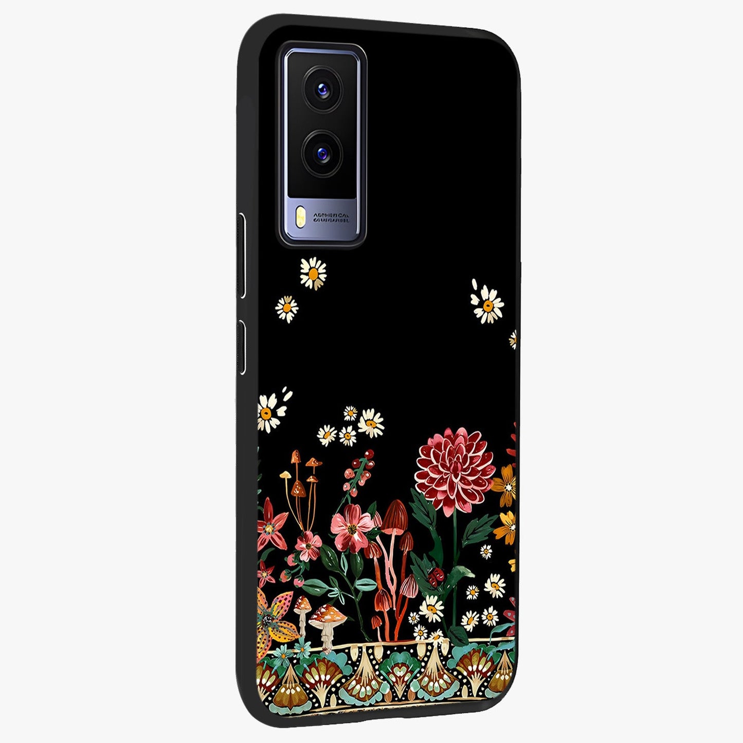 Midnight Bloom Pattern Glass Case upright view showcasing decorative floral artwork with deep night themed palette.