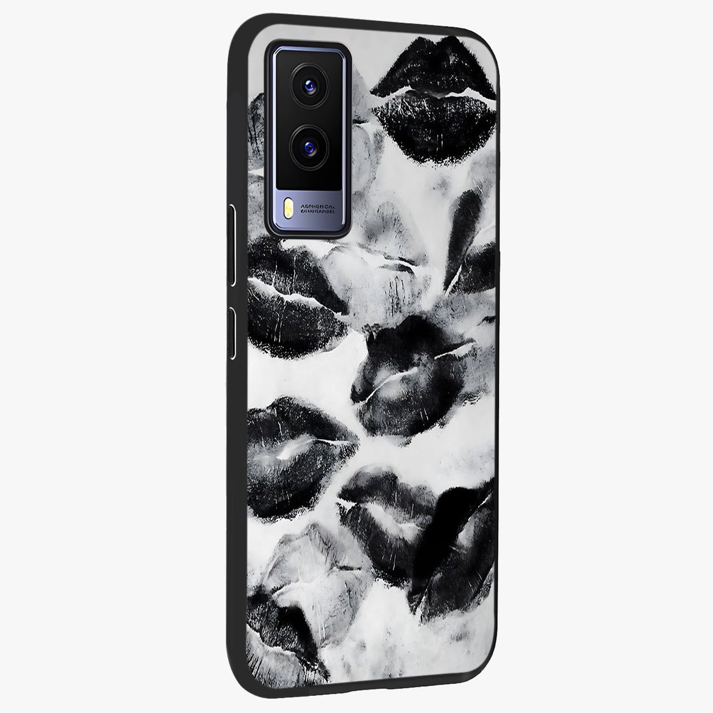 Midnight Kiss Marks Glass Case upright view showcasing stylish kiss mark artwork with trendy romantic theme.