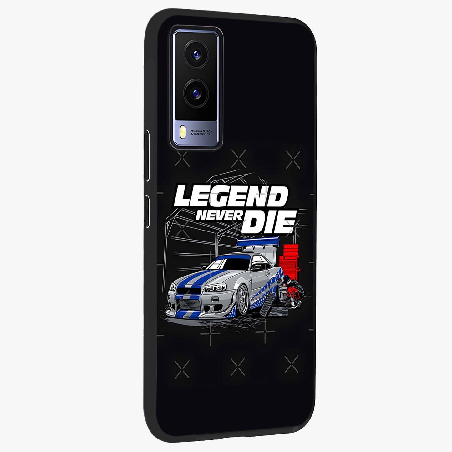 Midnight Racing Legacy Glass Case upright view showcasing powerful racing artwork with modern sports theme.