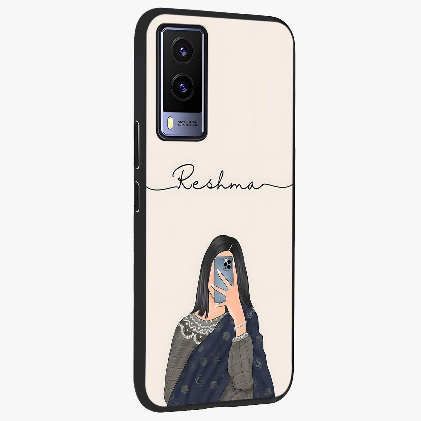 Mirror Mood Muse With Custom Name Glass Case upright view showcasing artistic mirror themed artwork with personalized aesthetic.