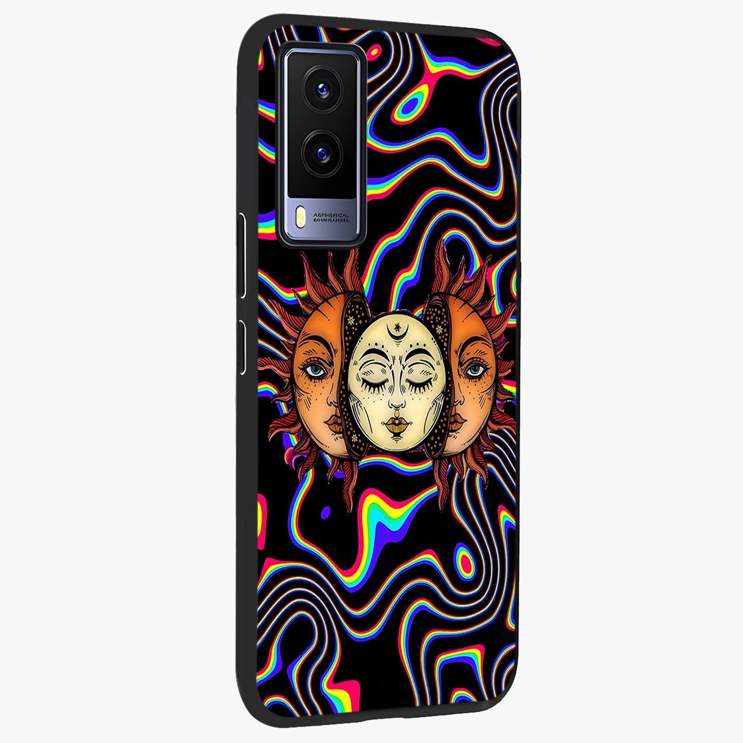 Psychedelic Sun Glass Case upright view showcasing trippy sun artwork with bold psychedelic theme.