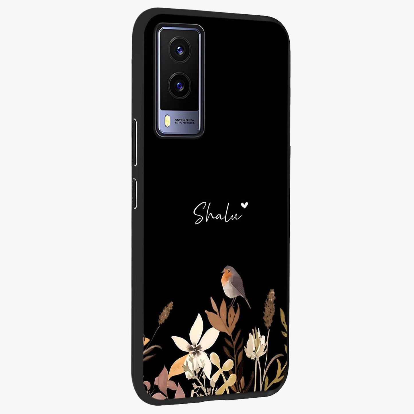 Quiet Garden Tune Custom Name Glass Case upright view showcasing serene botanical artwork with personalized aesthetic.
