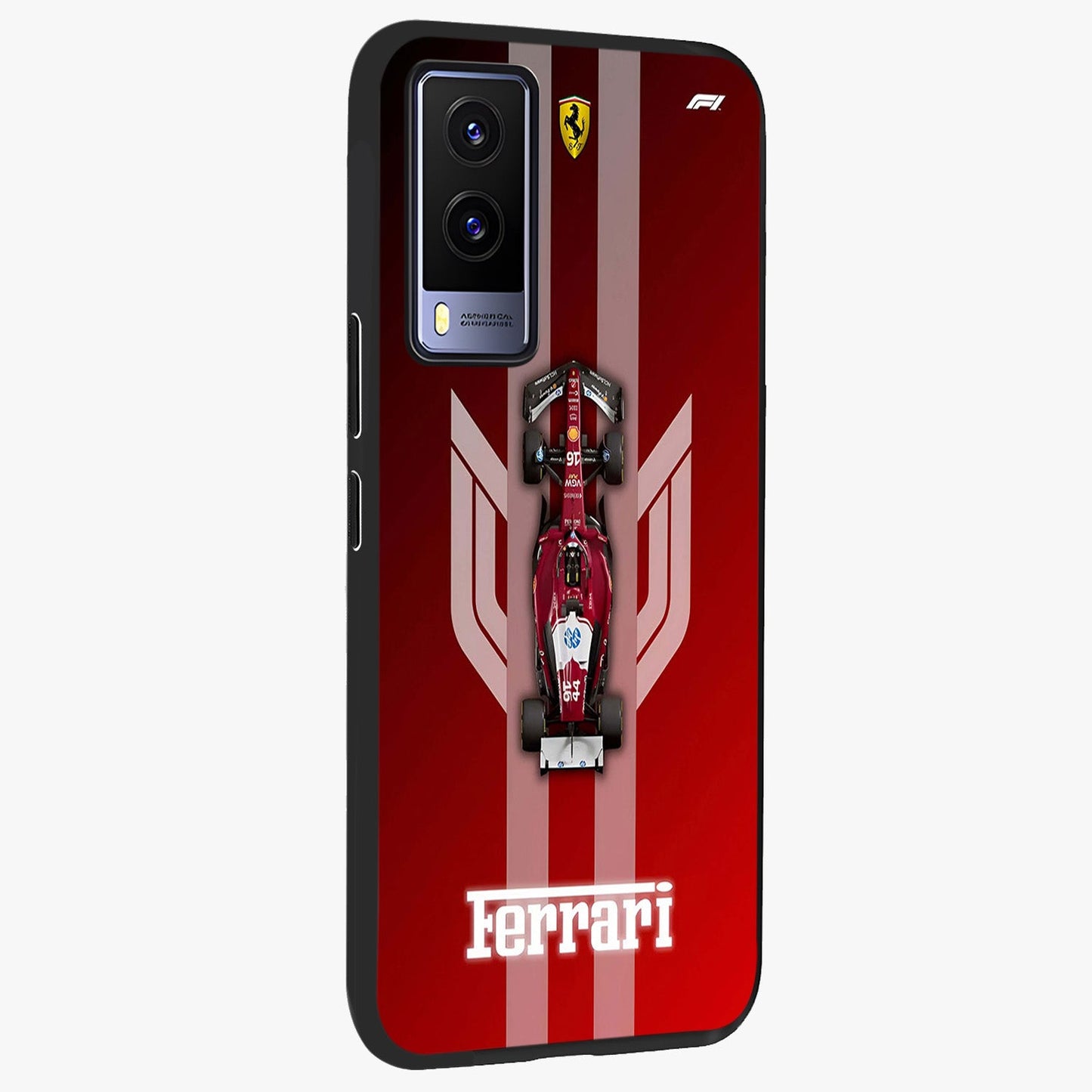 Red Ferrari F1 Vertical Glass Case upright view showcasing powerful Formula car artwork with dynamic motorsport theme.