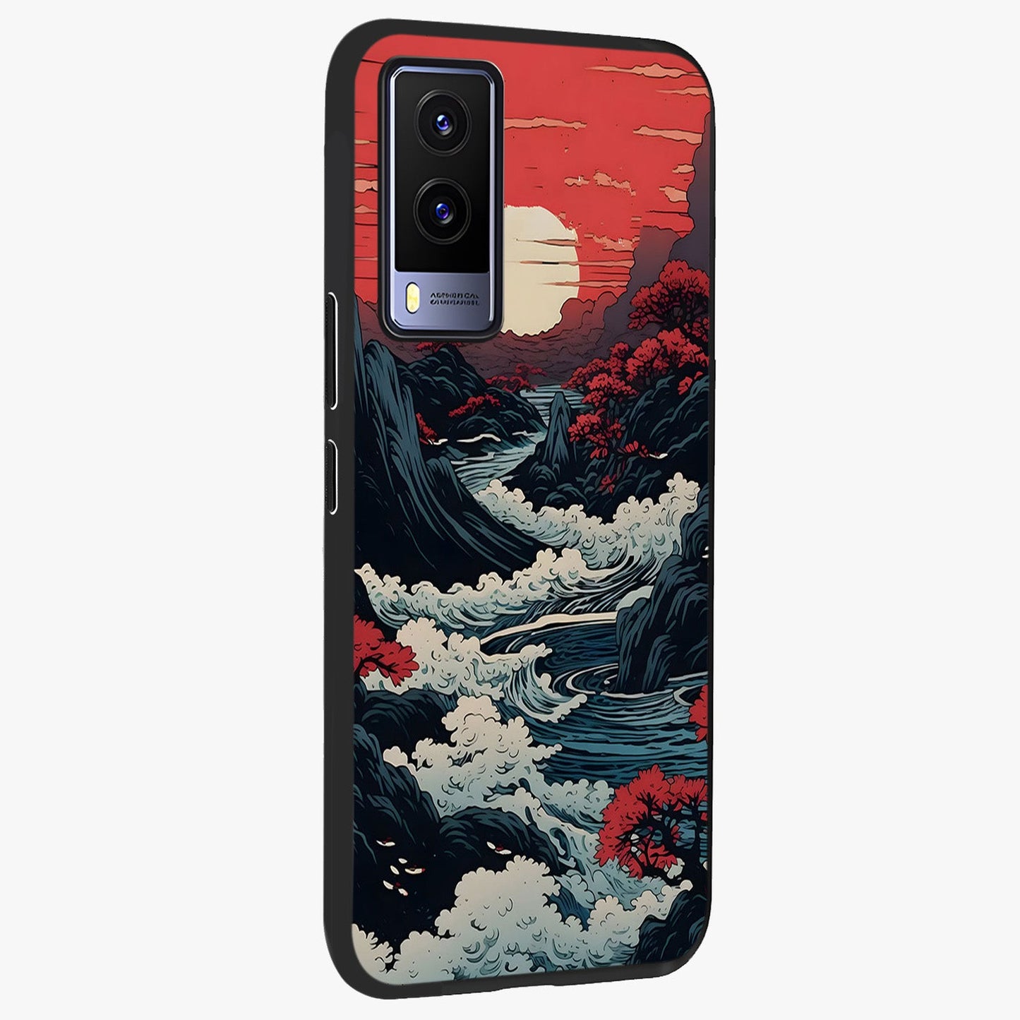 Red Sunset Scenery Glass Case upright view showcasing dramatic sunset scenery artwork with warm nature theme.