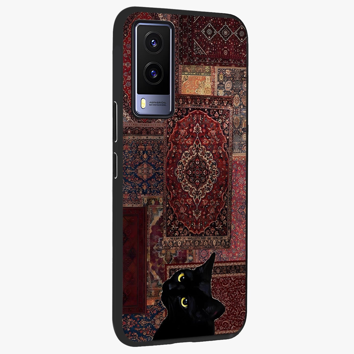 Regal Magic Cat Apple Glass Case upright view showcasing charming cat artwork with playful magical theme.