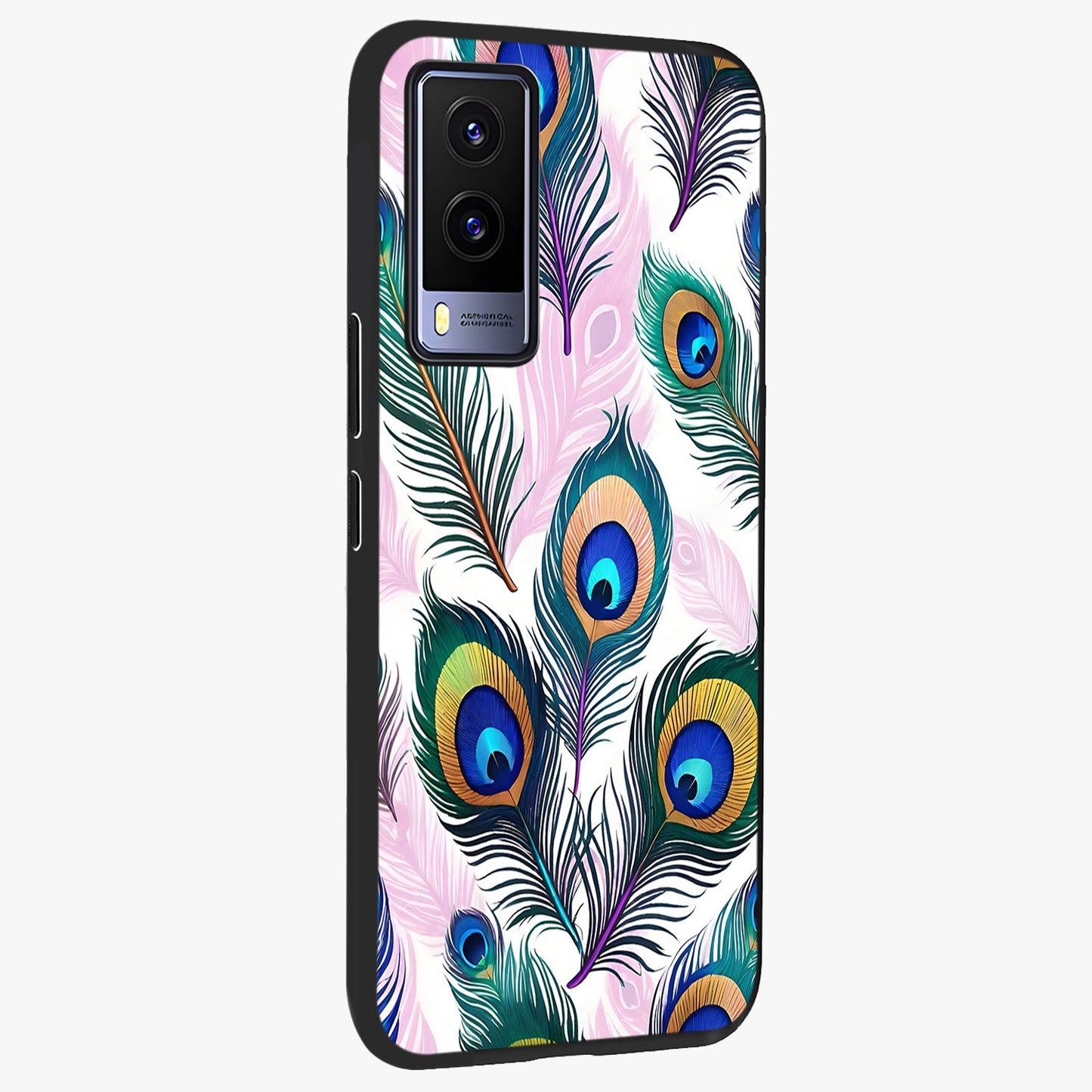 Royal Peacock Feathers Glass Case upright view showcasing elegant peacock feather artwork with decorative royal theme.