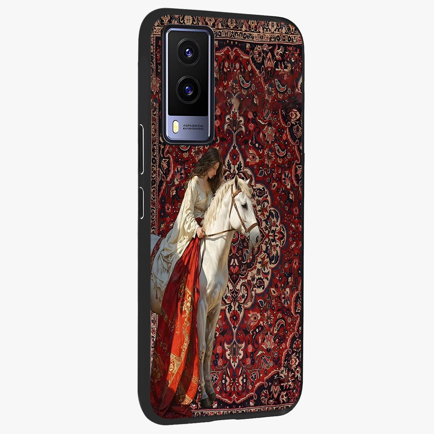 Royal Rider Tapestry Glass Case upright view showcasing detailed rider artwork with classic tapestry theme.
