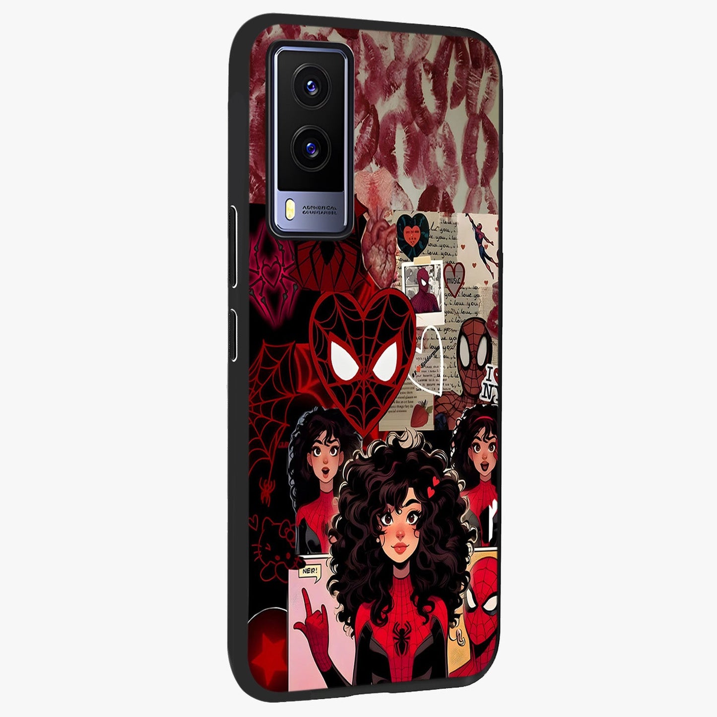 Spider Love Story Glass Case upright view showcasing charming superhero artwork with romantic comic theme.