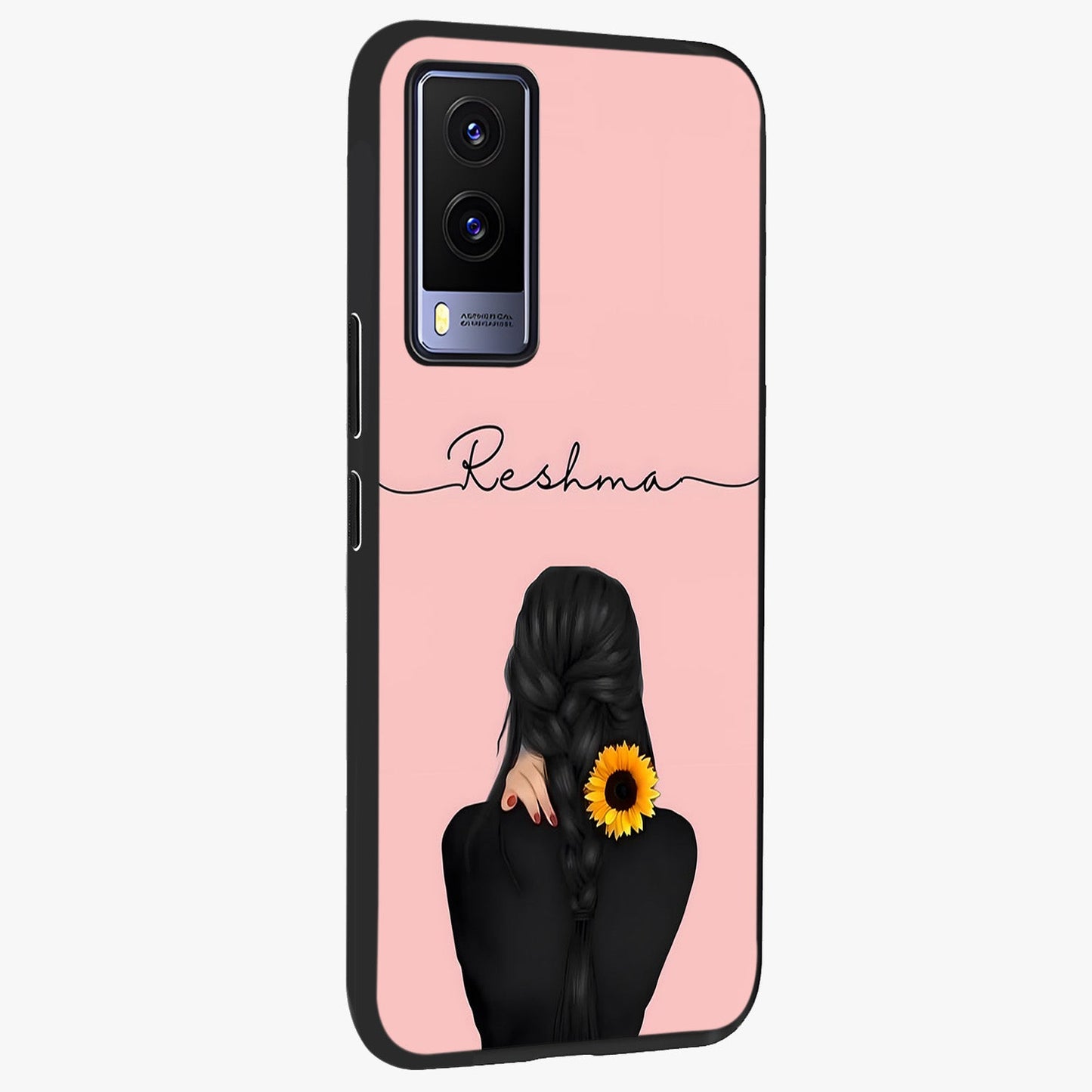 Sunflower Braid Beauty With Custom Name Glass Case upright view showcasing bright sunflower artwork with personalized floral aesthetic.