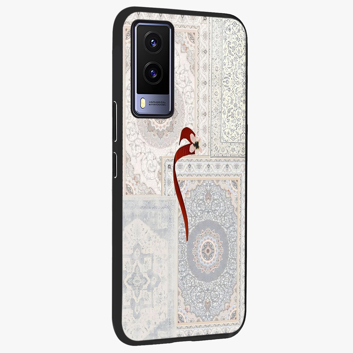 White Aesthetic Bow Glass Case upright view showcasing delicate ribbon bow artwork with cute minimalist theme.