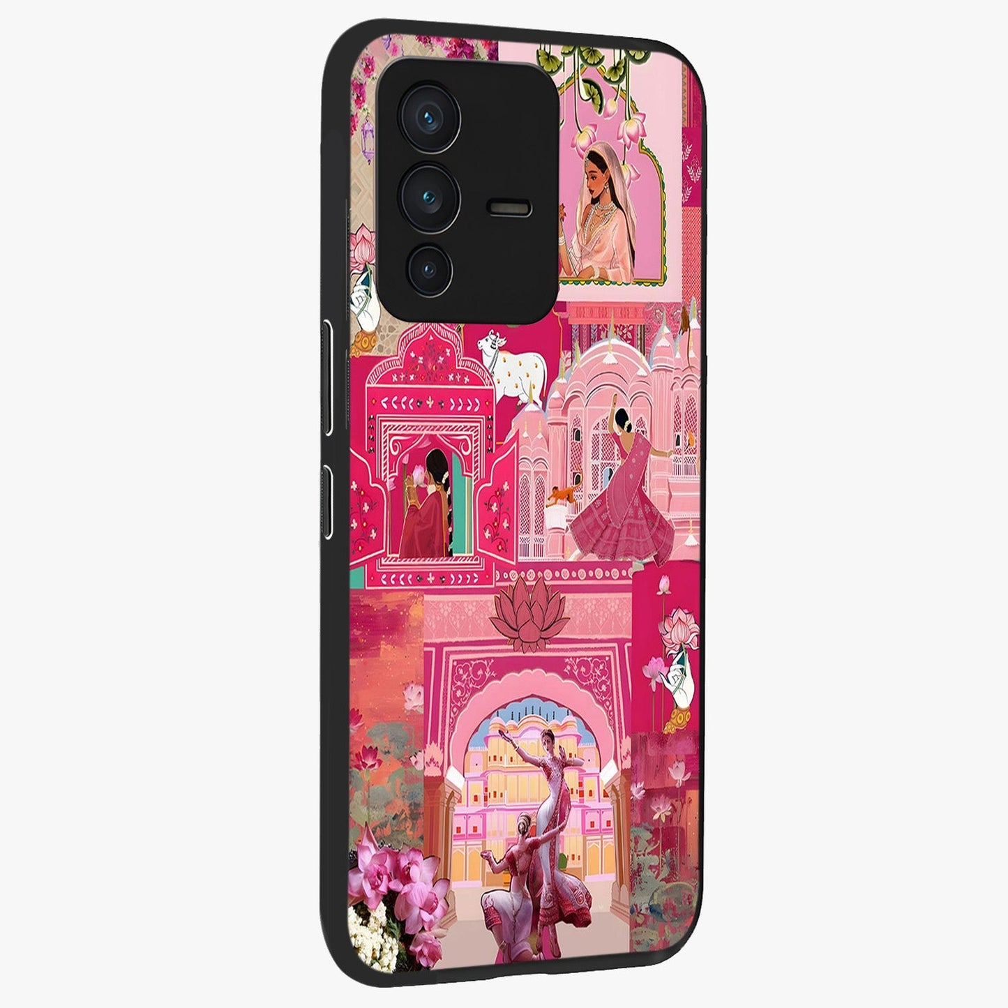 Blossoms of Rajasthan Glass Case upright view showcasing colorful floral design inspired by traditional Indian art.