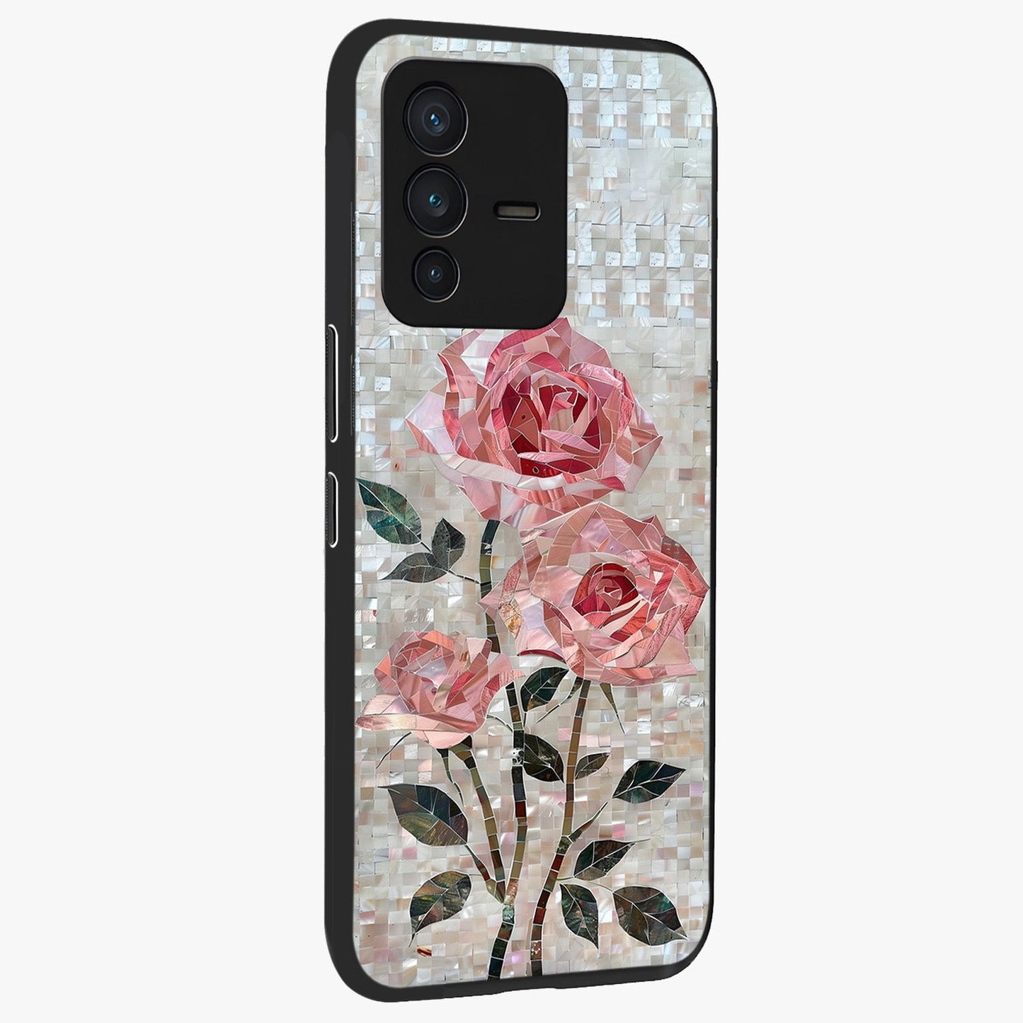 Blush Mosaic Bloom Glass Case upright view showcasing decorative floral mosaic artwork with stylish modern aesthetic.