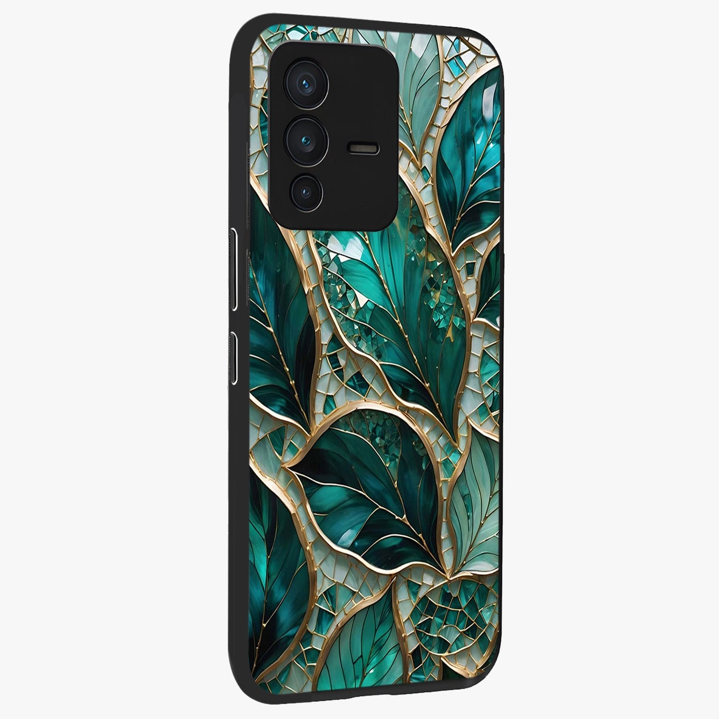 Emerald Leaf Glass Glass Case upright view showcasing fresh green leaf artwork with calming nature inspired style.
