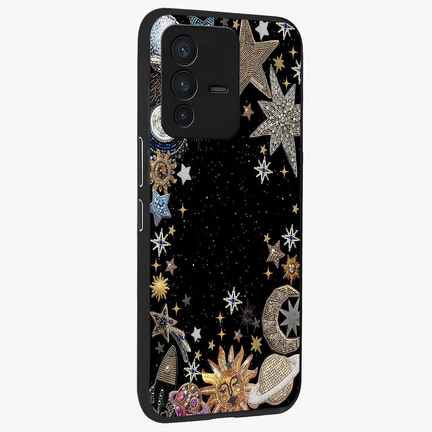Galactic Jewel Stars Glass Case upright view showcasing glittering star jewel artwork with vibrant galaxy theme.