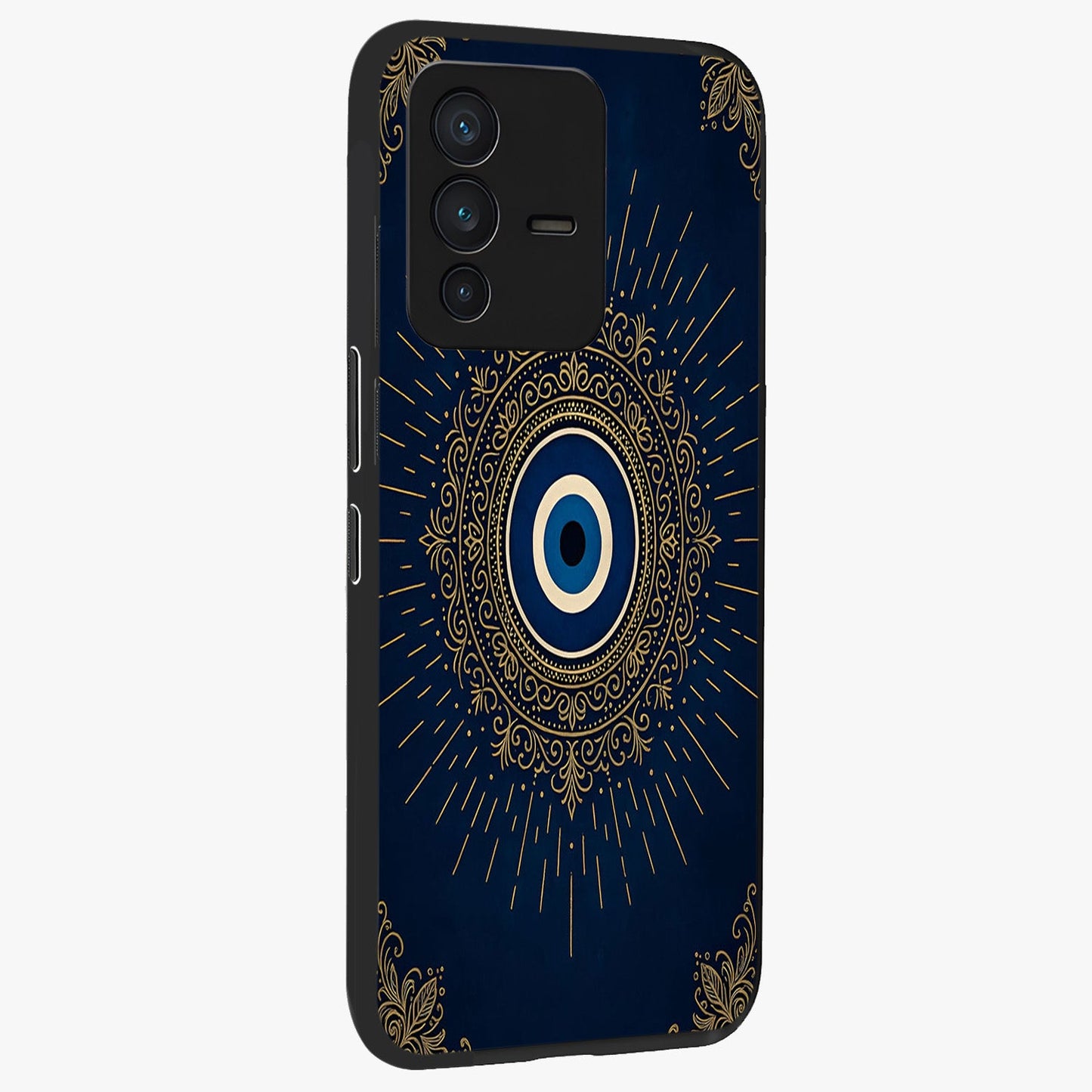 Golden Celestial Charm Glass Case upright view showcasing radiant celestial artwork with elegant golden theme.
