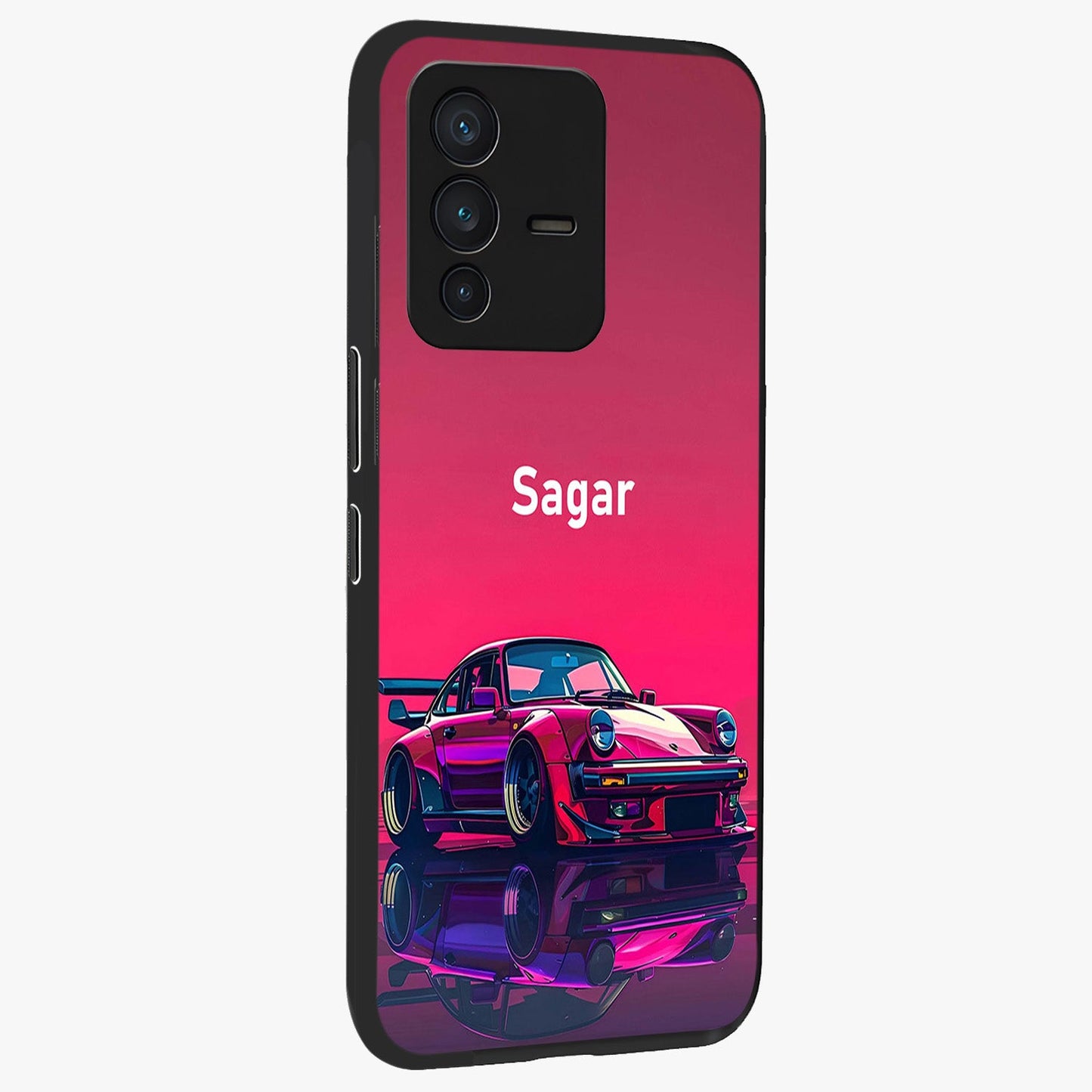 Neon Pink Porsche Glass Case upright view showcasing vibrant sports car artwork with bold automotive theme.