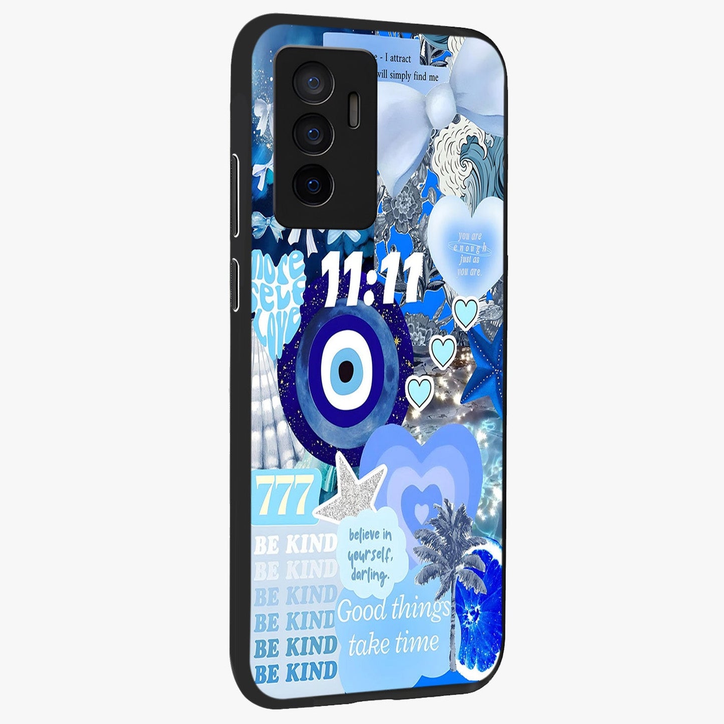 Aesthetic Be Kind Eye Glass Case upright view showcasing stylish eye illustration with positive message theme.