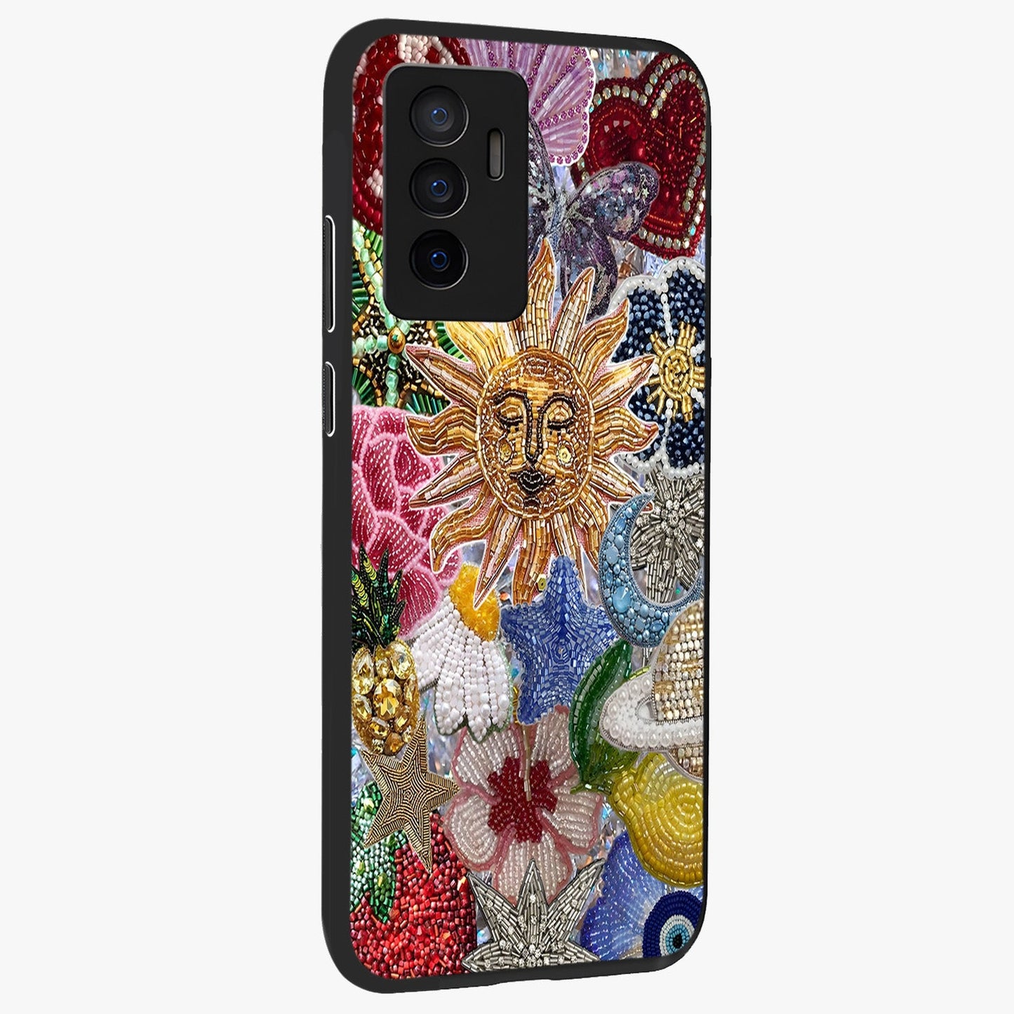 Celestial Floral and Playful Glass Case upright view showcasing whimsical floral artwork with cosmic aesthetic theme.