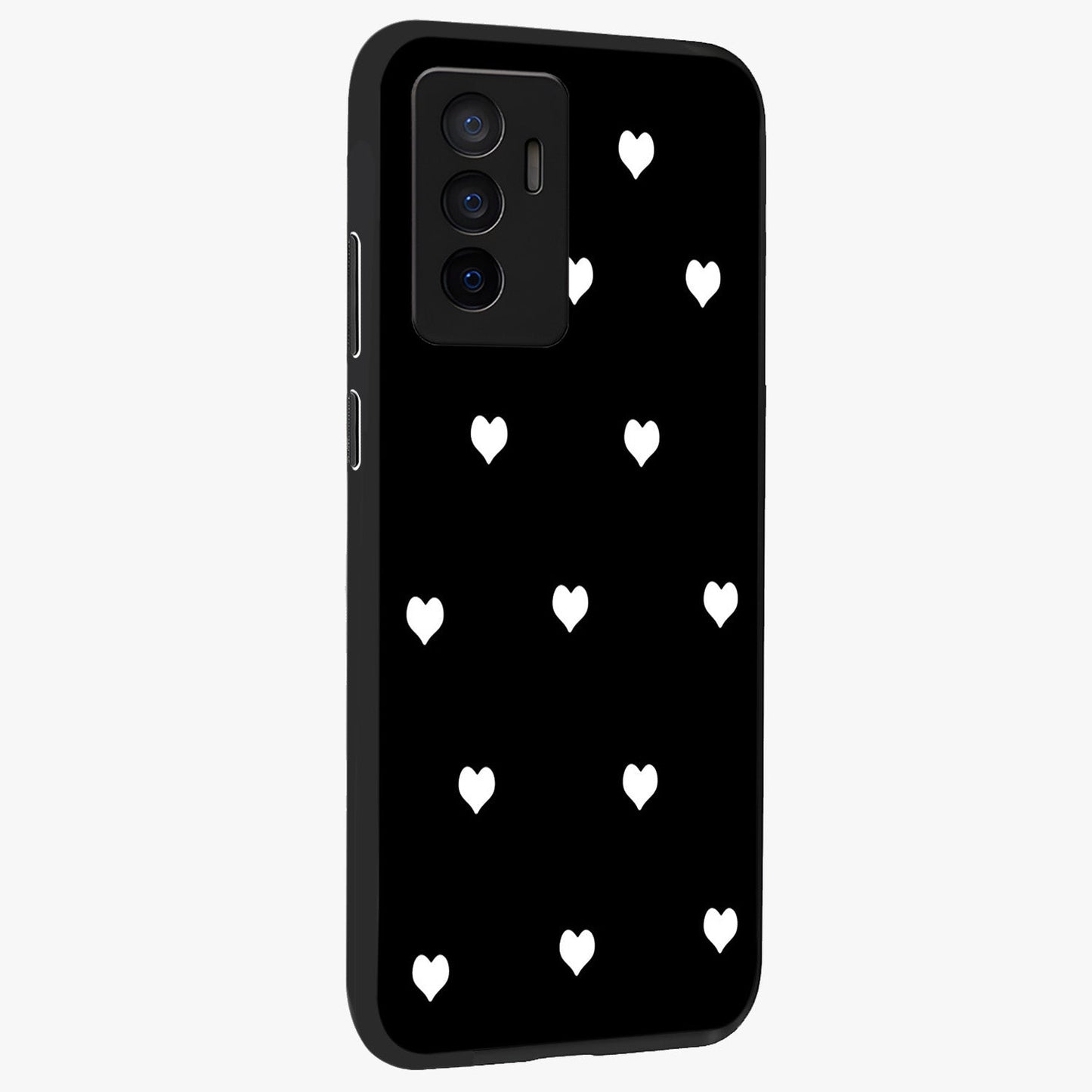 Cute And Simple White Hearts Glass Case upright view showcasing simple white hearts artwork with soft minimal theme.
