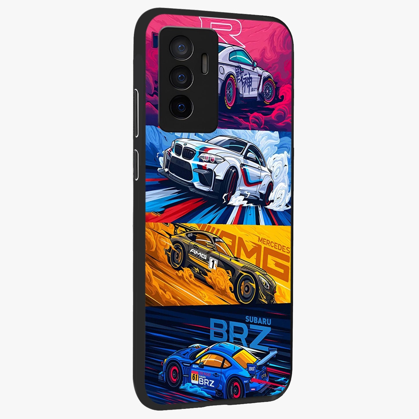 JDM Sports Car Glass Case upright view showcasing dynamic sports car artwork with bold racing theme.