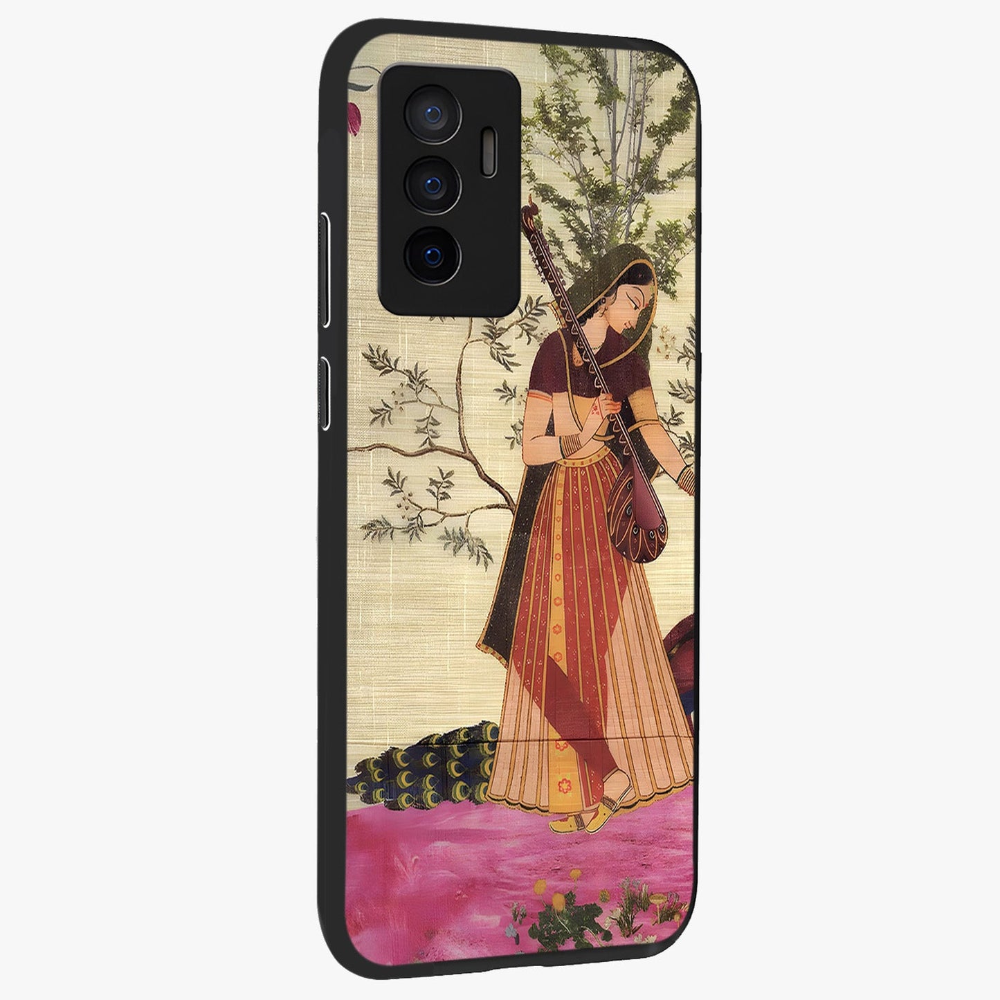 Lady With Veena Art Glass Case upright view showcasing classical veena artwork with traditional artistic theme.