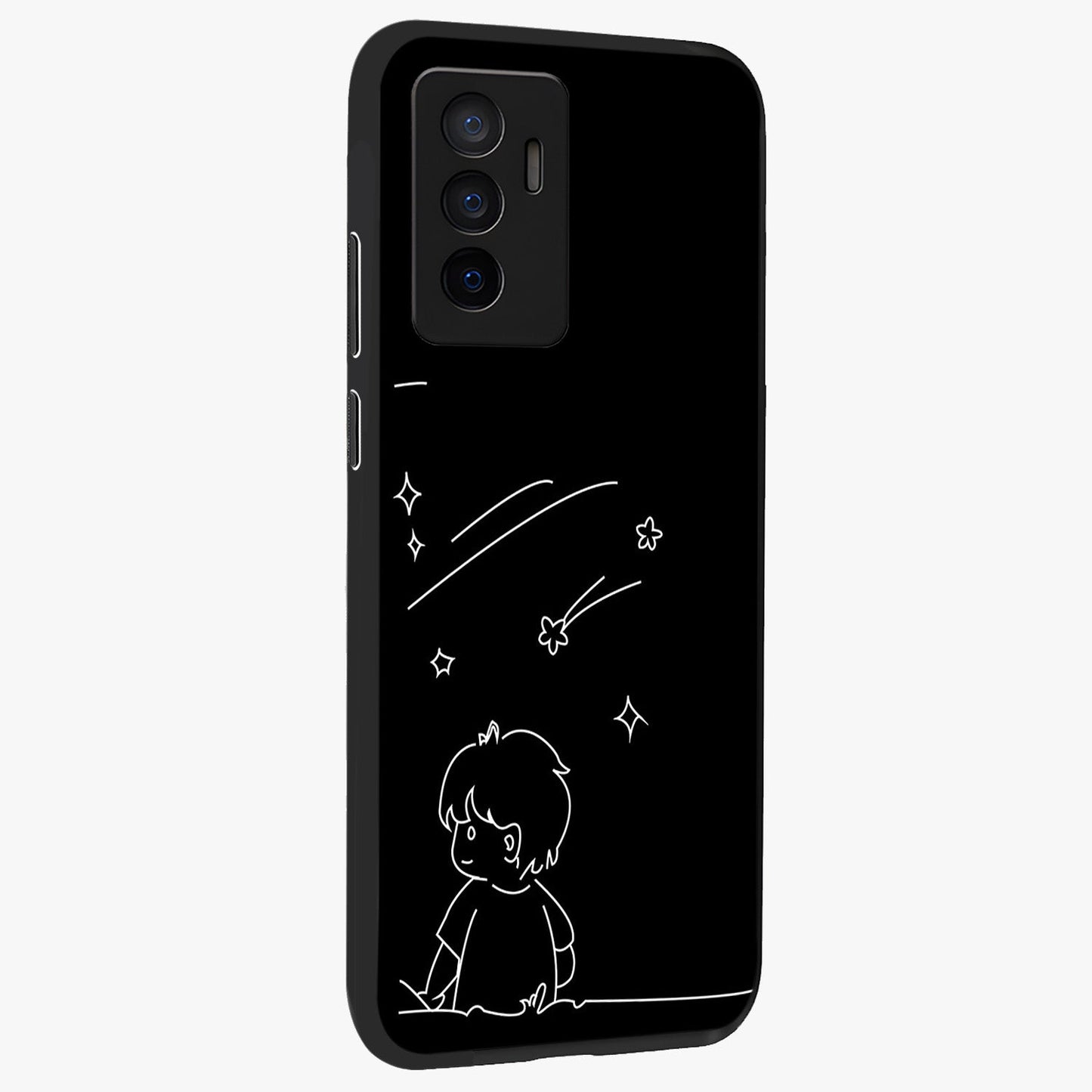 Line Art Boy With Shooting Stars Glass Case upright view showcasing artistic shooting star illustration with minimal style.