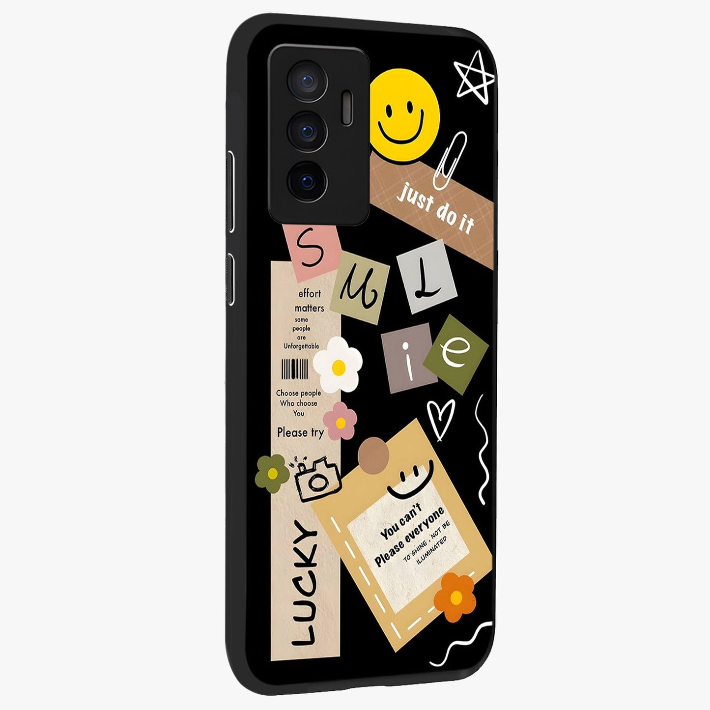 Lucky Aesthetic Collage Glass Case upright view showcasing vibrant collage artwork with youthful aesthetic theme.