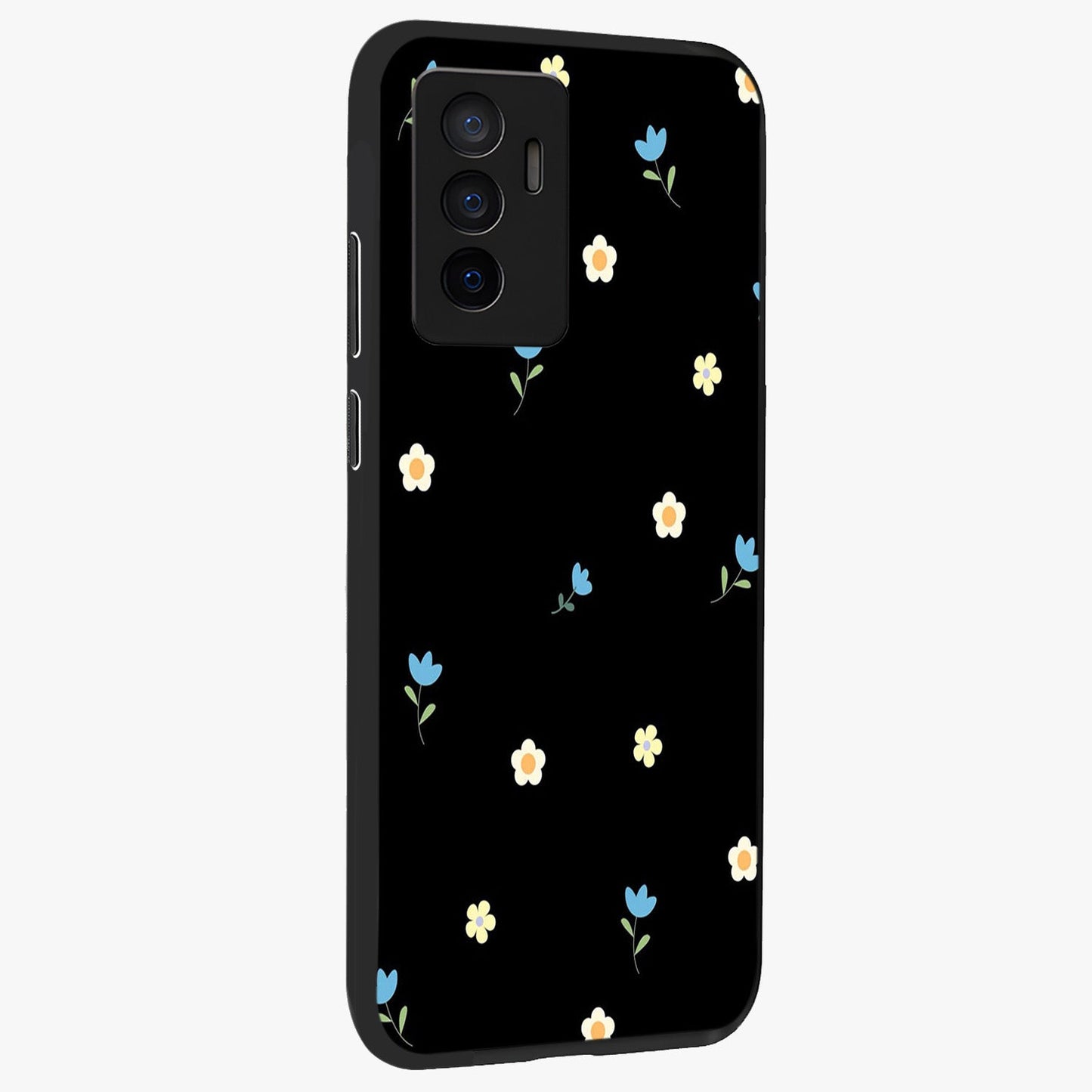 Minimal Petal Whispers Glass Case upright view showcasing elegant floral artwork with modern minimalist style.
