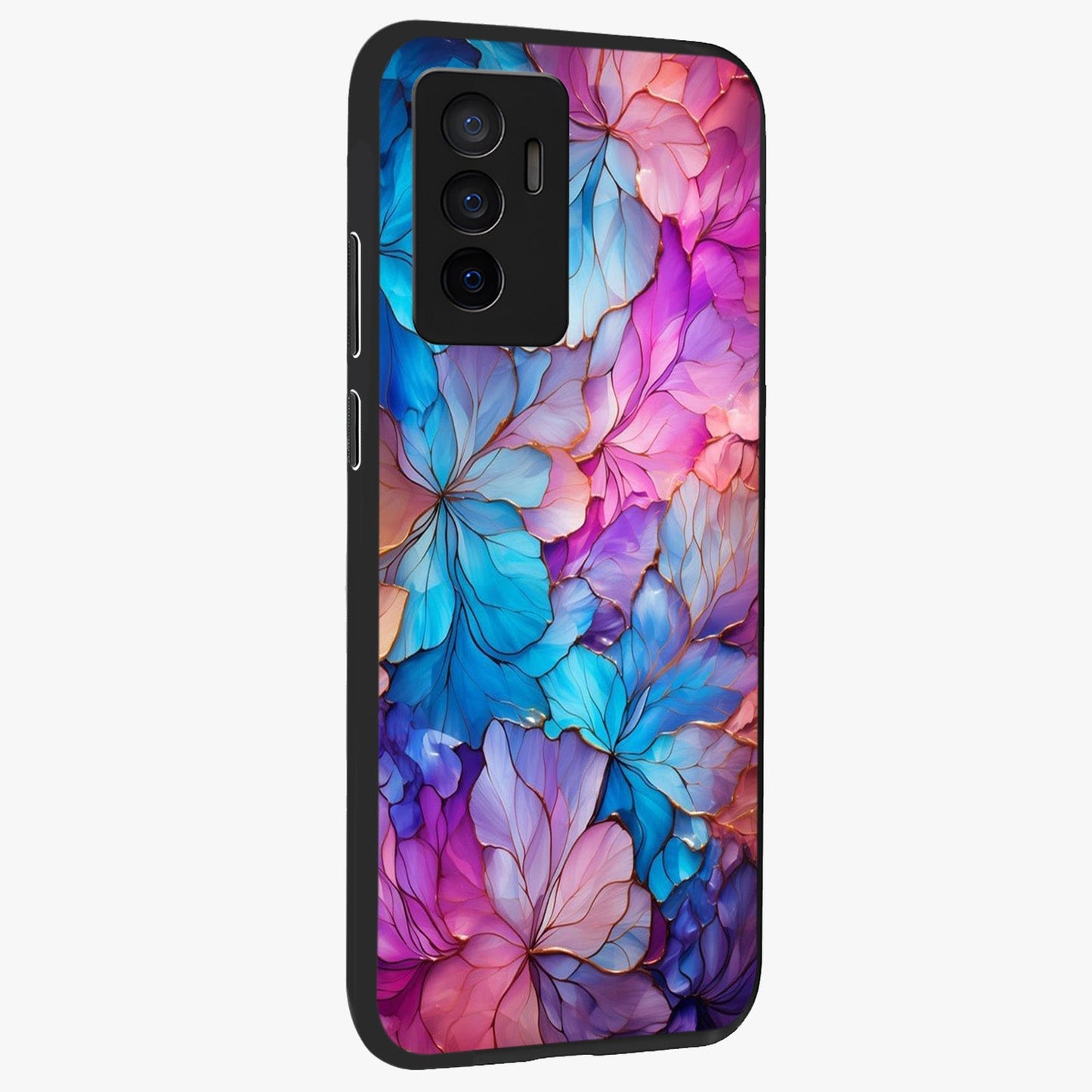 Radiant Floral Whirl Glass Case upright view showcasing lively floral artwork with decorative swirl theme.