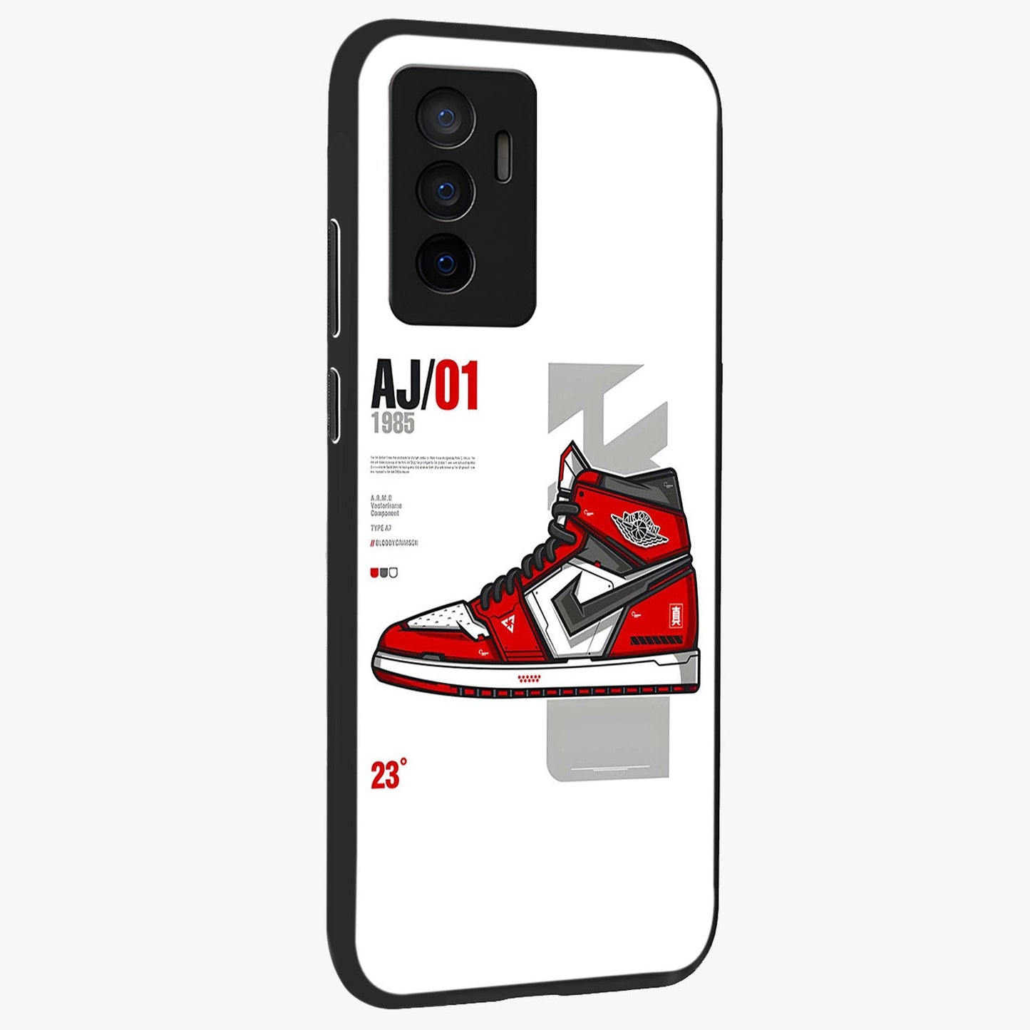 Retro Sneaker Blueprint Glass Case upright view showcasing stylish sneaker illustration with vintage streetwear theme.