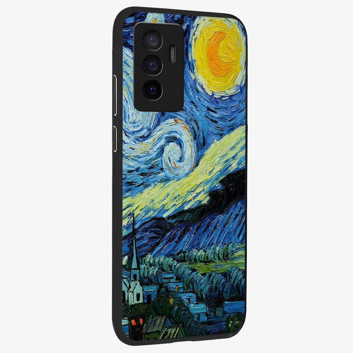 Van Gogh Art Glass Case upright view showcasing expressive painting style artwork with timeless artistic theme.