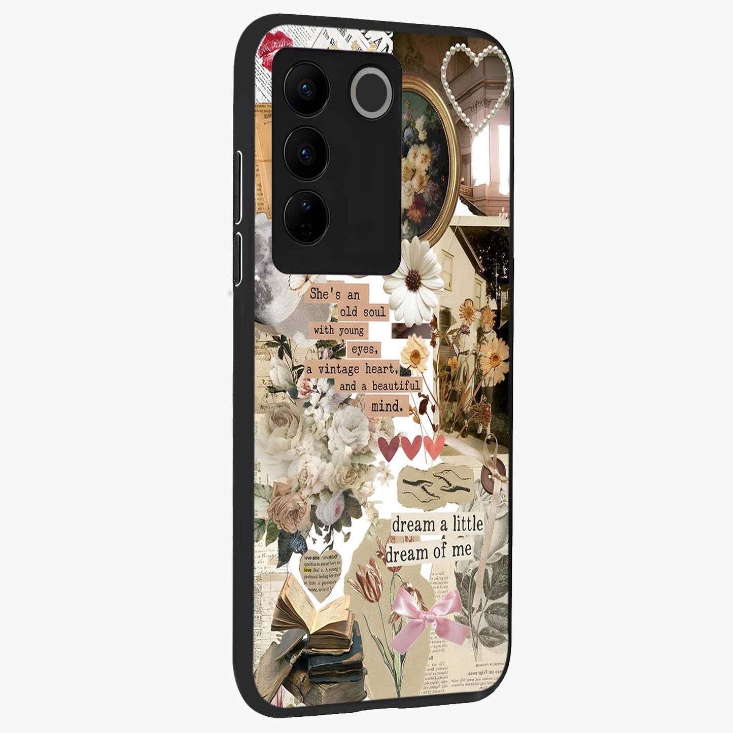 Aesthetic Brown Vintage Collage Glass Case upright view showcasing nostalgic retro artwork with stylish vintage theme.