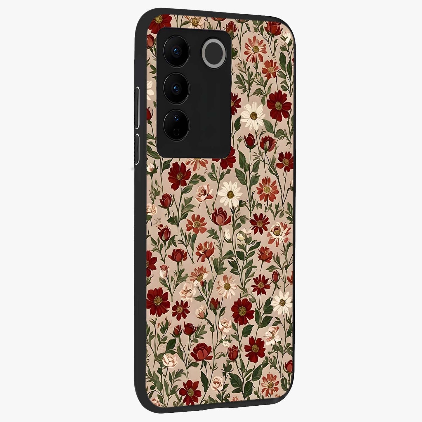 Biege Flower With Leaf Glass Case upright view showcasing delicate beige flower illustration with clean botanical style.