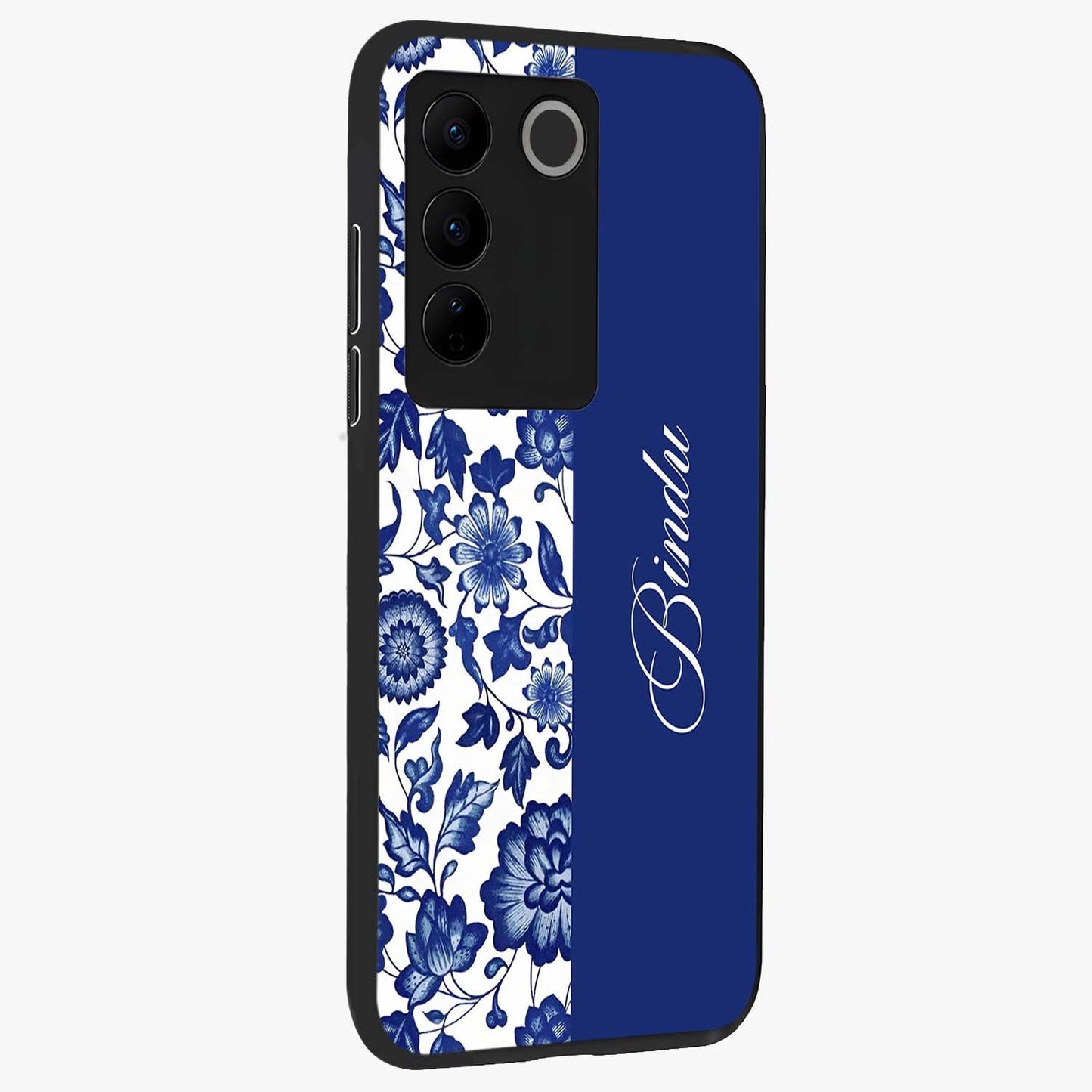 Blue Vintage Floral Pattern Glass Case upright view showcasing delicate blush floral texture with modern minimal style.