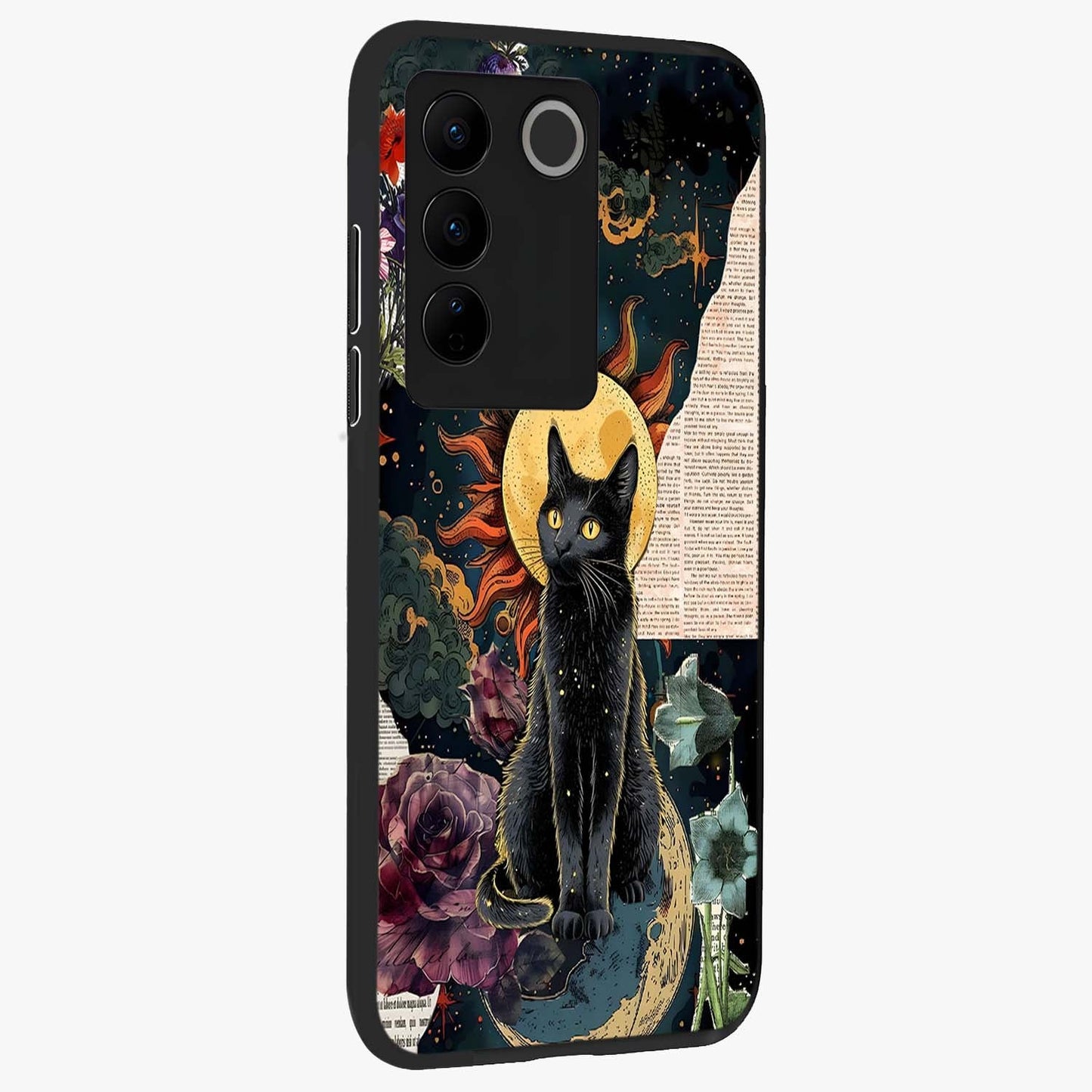 Celestial Black Cat Glass Case upright view showcasing magical black cat illustration with starry cosmic theme.