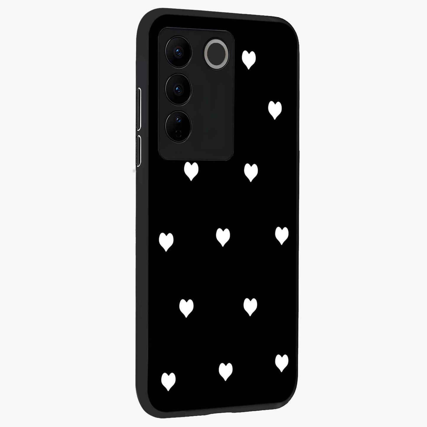 Cute And Simple White Hearts Glass Case upright view showcasing simple white hearts artwork with soft minimal theme.
