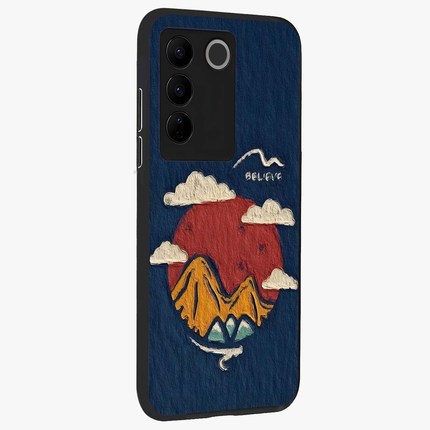 Dream Beyond Mountains Glass Case upright view showcasing beautiful mountain scenery with inspirational nature theme.